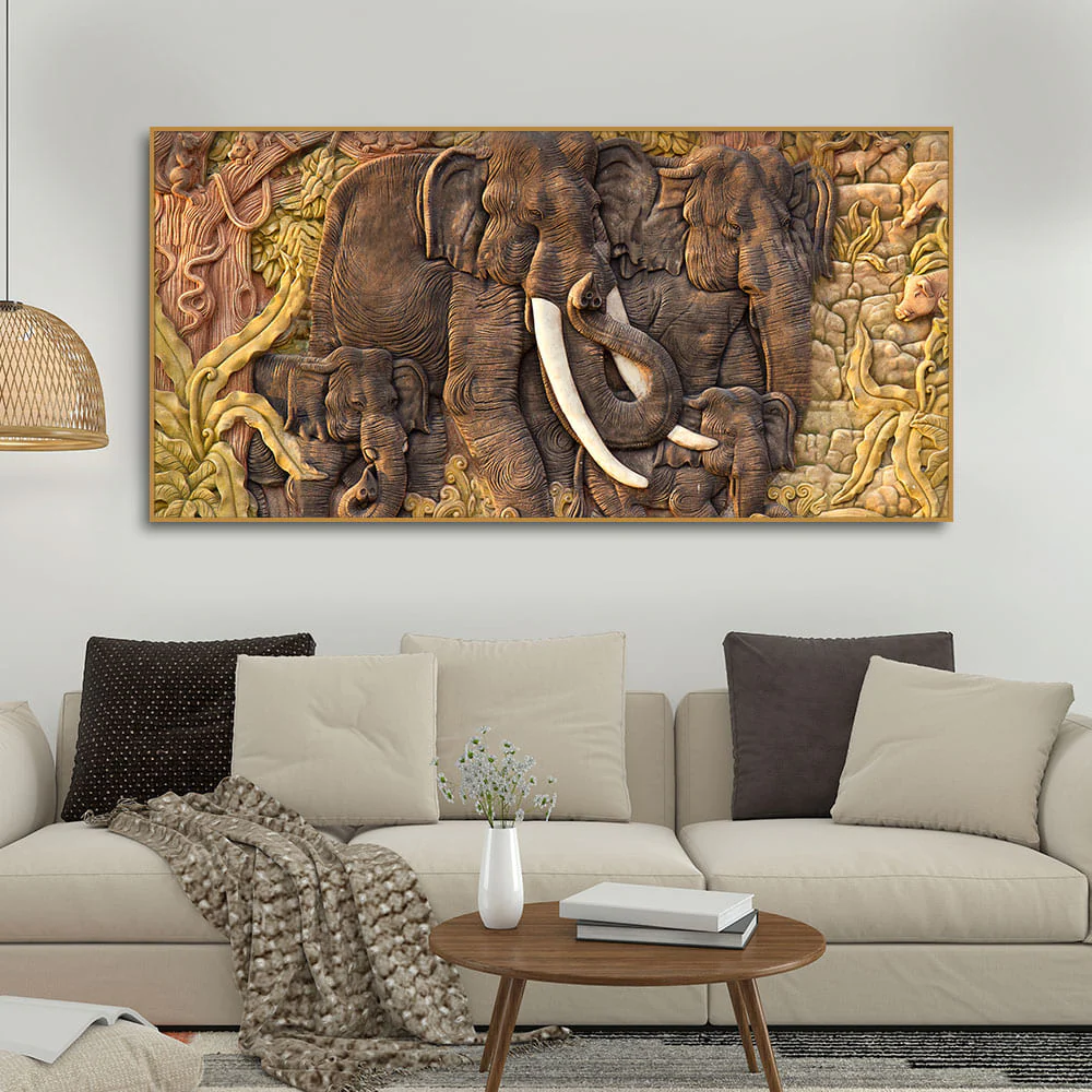 Elephant Family in the Forest Textured Art Premium Wall Painting - Image 3