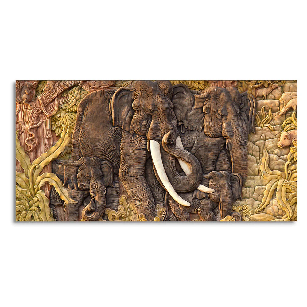 Elephant Family in the Forest Textured Art Premium Wall Painting - Image 4