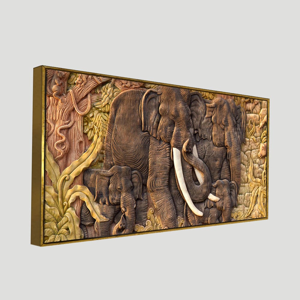 Elephant Family in the Forest Textured Art Premium Wall Painting - Image 5