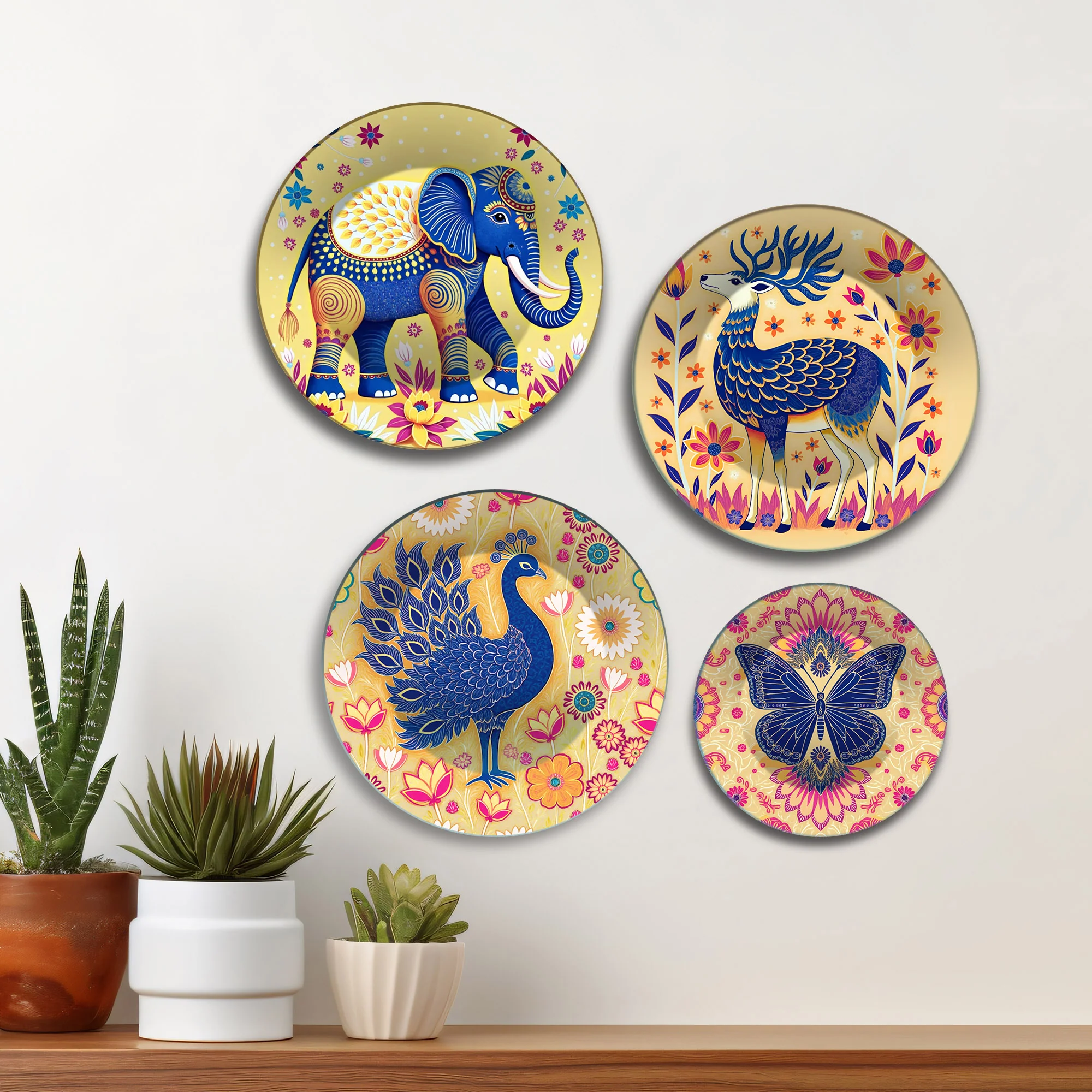 Elephant, Peacock & Butterfly Premium Wall Plates Painting Set of Four