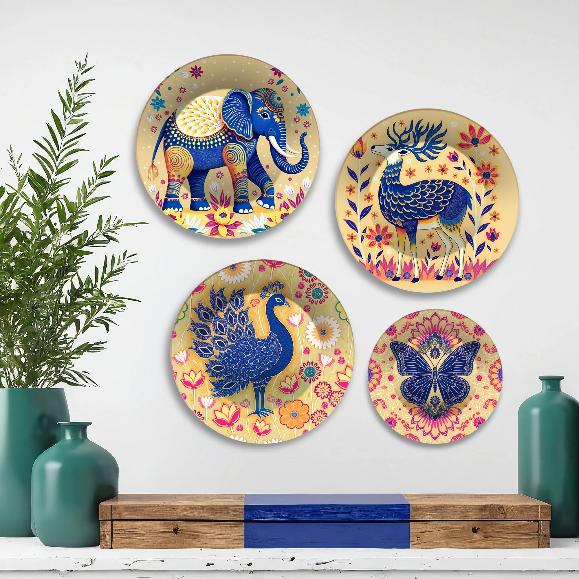 Elephant, Peacock & Butterfly Premium Wall Plates Painting Set of Four - Image 2