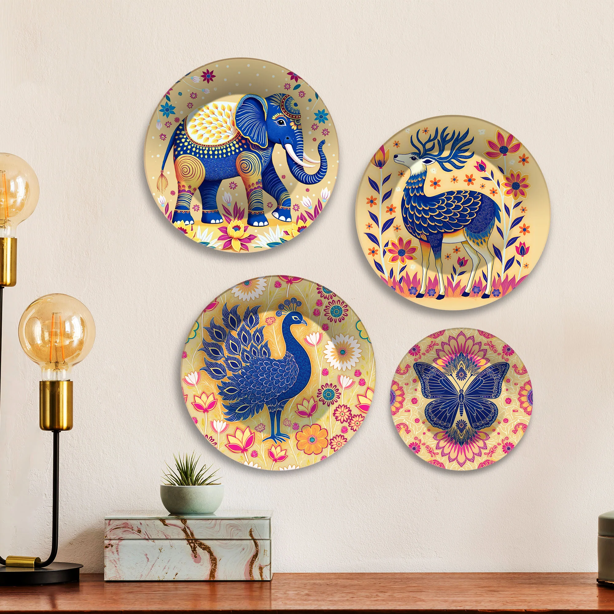 Elephant, Peacock & Butterfly Premium Wall Plates Painting Set of Four - Image 3