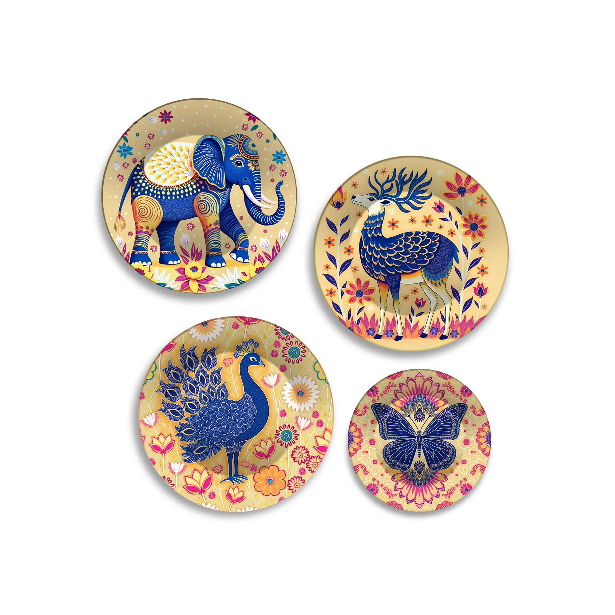 Elephant, Peacock & Butterfly Premium Wall Plates Painting Set of Four - Image 4