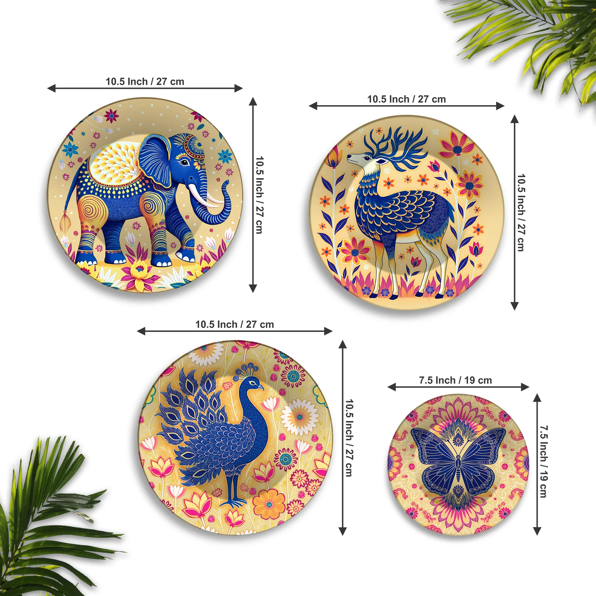 Elephant, Peacock & Butterfly Premium Wall Plates Painting Set of Four - Image 6