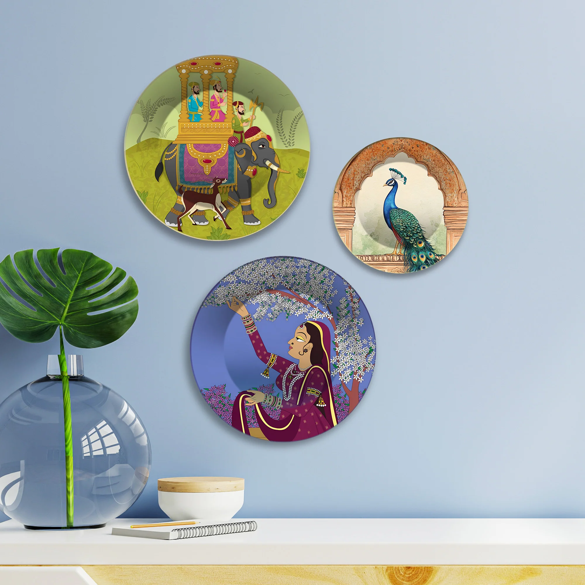 Elephant Ride Peacock & Lady Premium Wall Plates Painting Set of 3 - Image 3