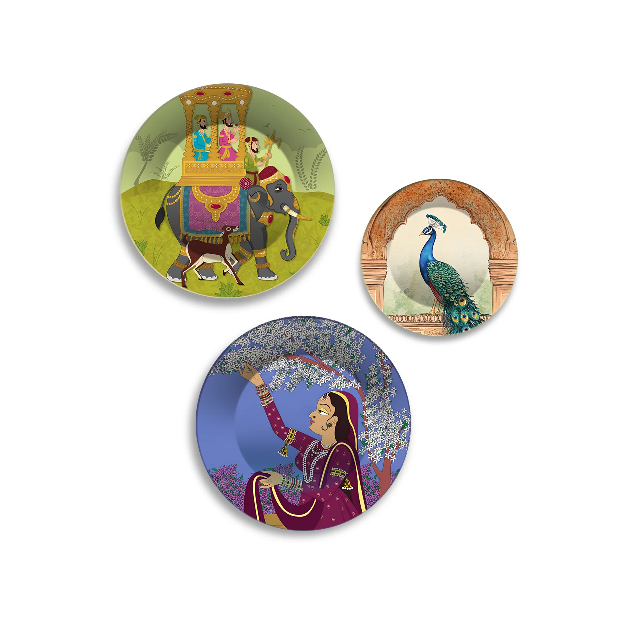 Elephant Ride Peacock & Lady Premium Wall Plates Painting Set of 3 - Image 4