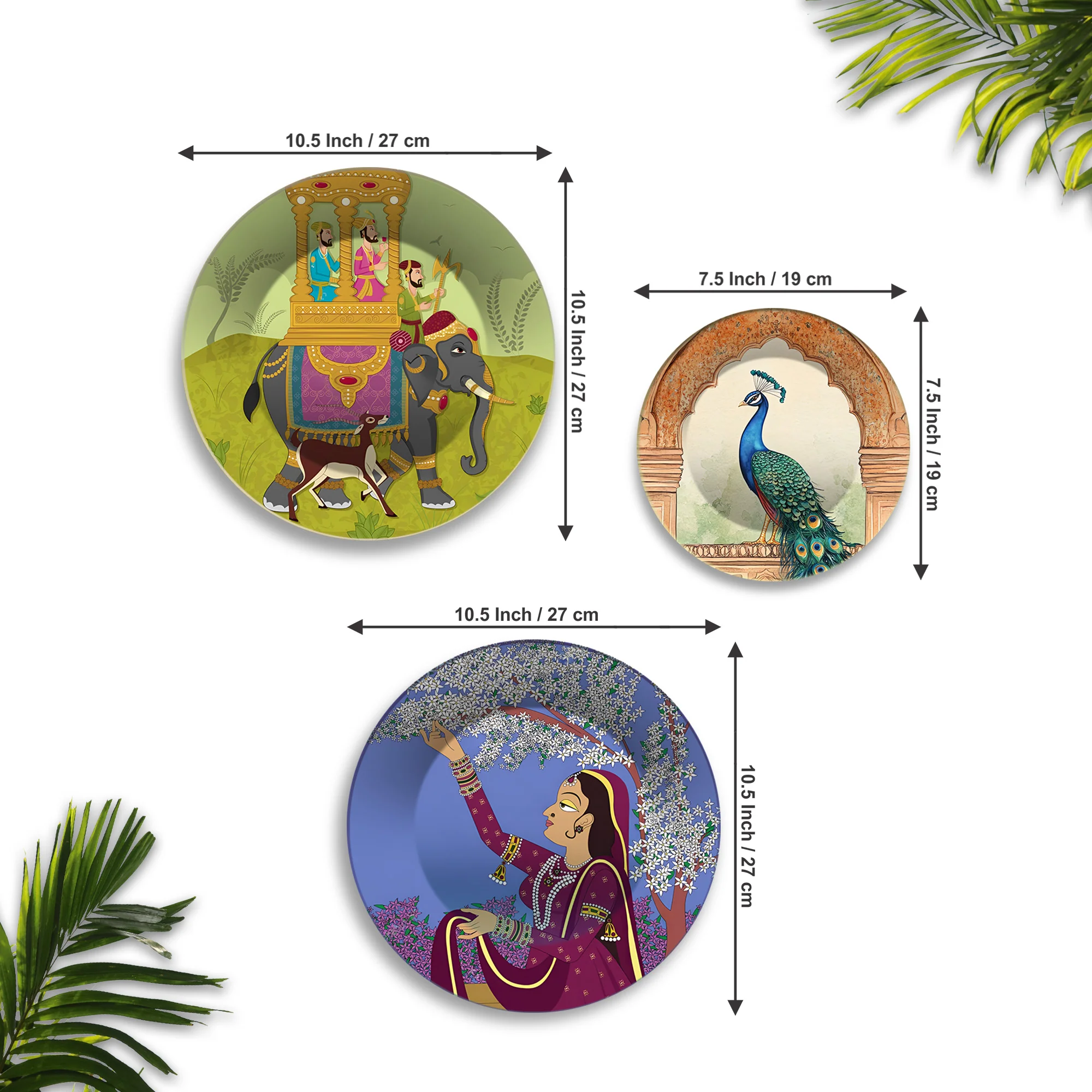 Elephant Ride Peacock & Lady Premium Wall Plates Painting Set of 3 - Image 6