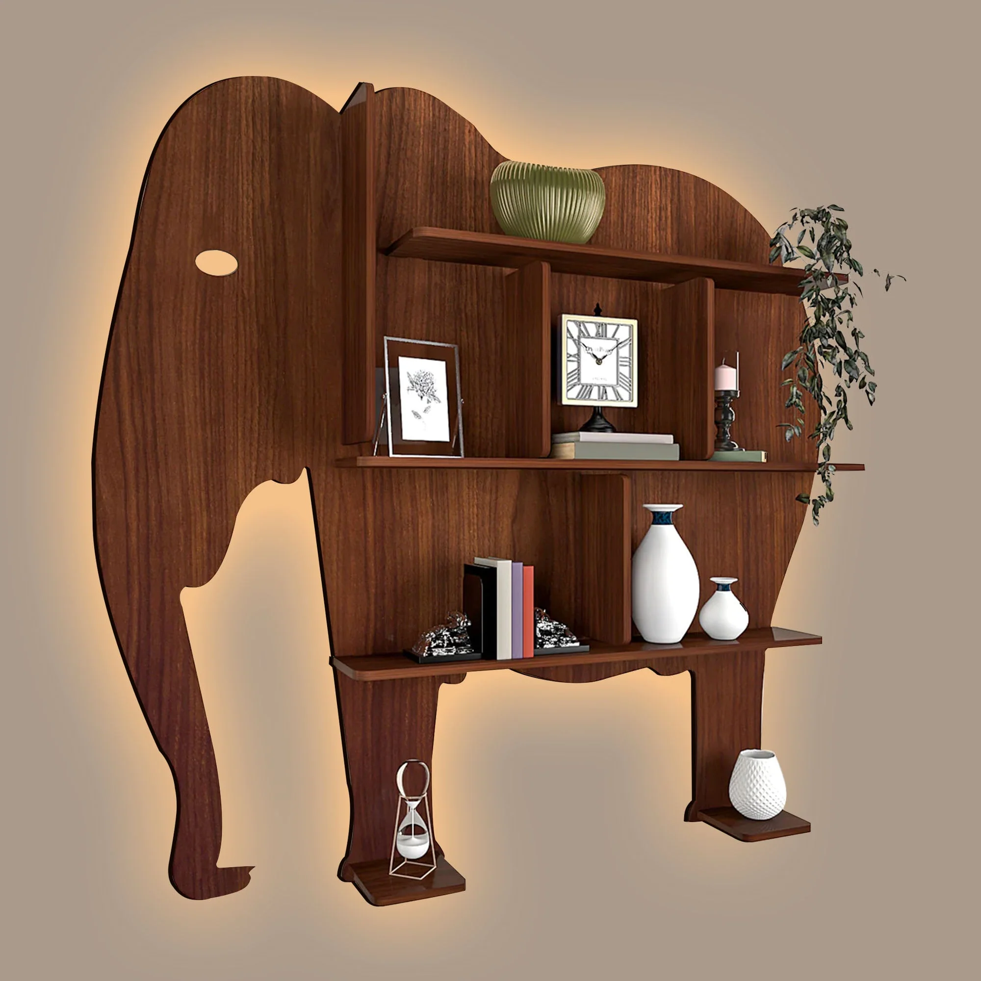 Elephant Shape Desigenr Wooden Wall Shelf / Book Shelf, with Light Walnut Finish - Image 2