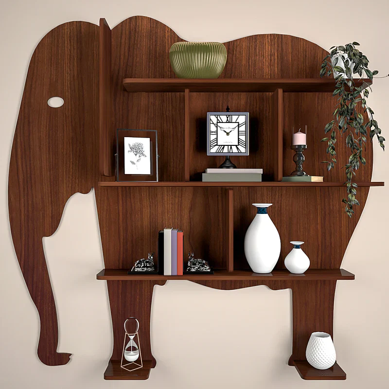 Elephant Shape Desigenr Wooden Wall Shelf / Book Shelf, with Light Walnut Finish - Image 3