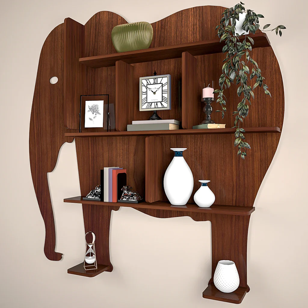 Elephant Shape Desigenr Wooden Wall Shelf / Book Shelf, with Light Walnut Finish - Image 4