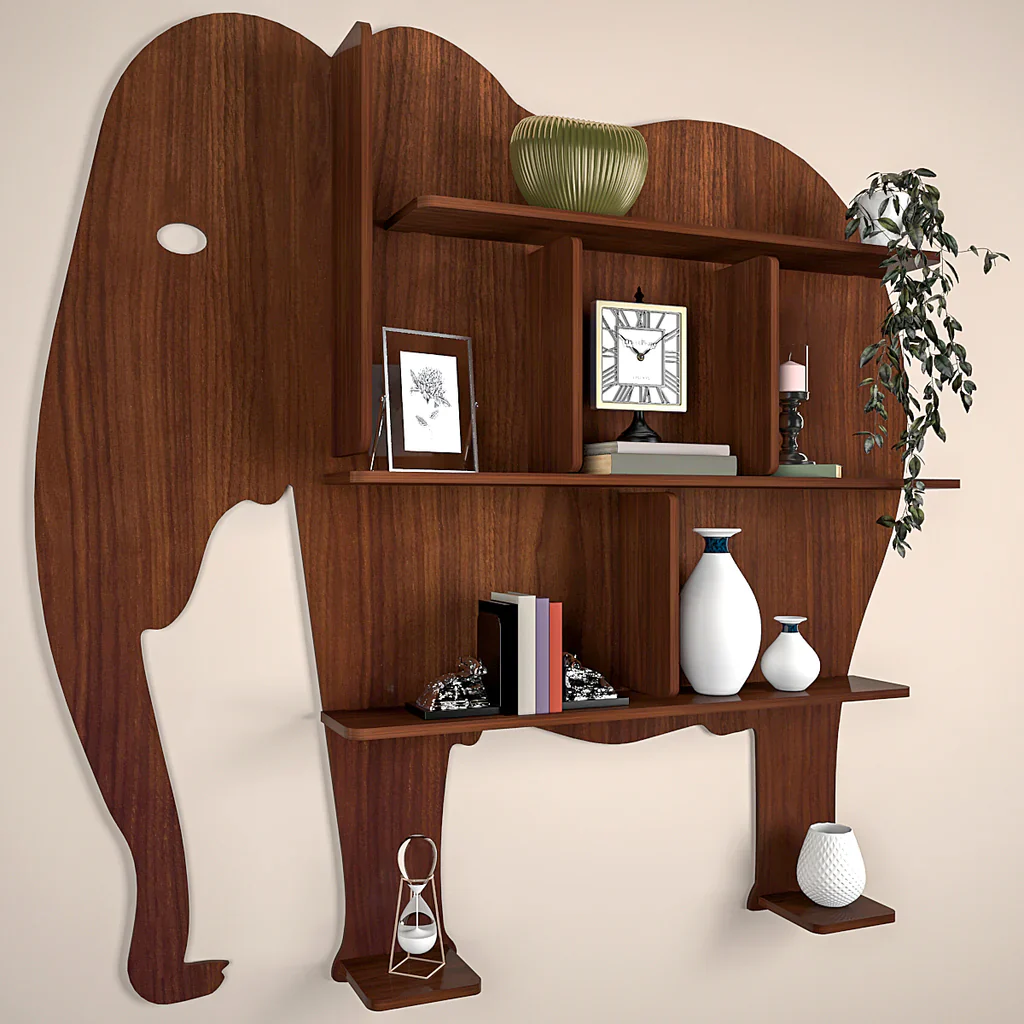Elephant Shape Desigenr Wooden Wall Shelf / Book Shelf, with Light Walnut Finish - Image 5