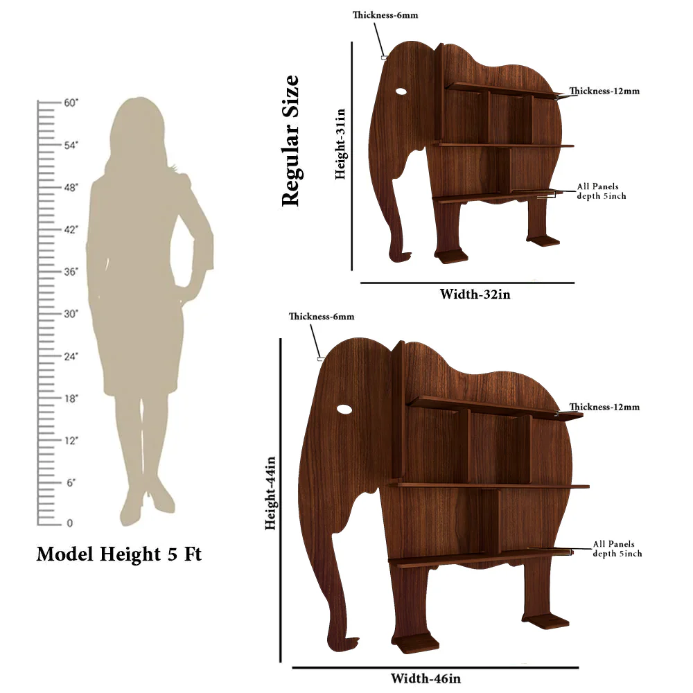 Elephant Shape Desigenr Wooden Wall Shelf / Book Shelf, with Light Walnut Finish - Image 6