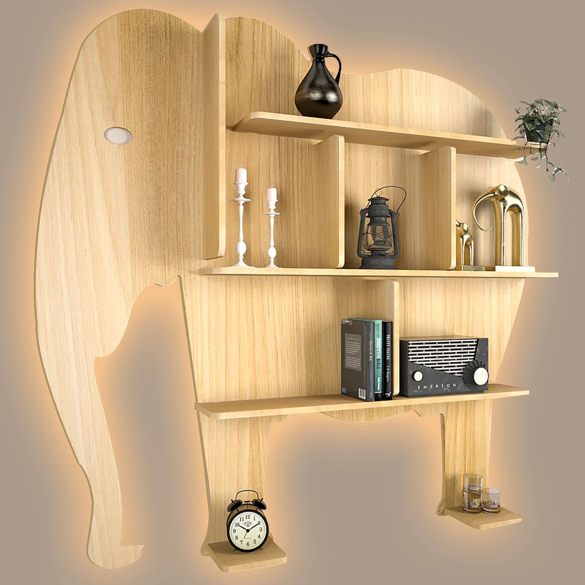 Elephant Shape Designer Wooden Wall Shelf / Book Shelf, with Light oak Finish - Image 2