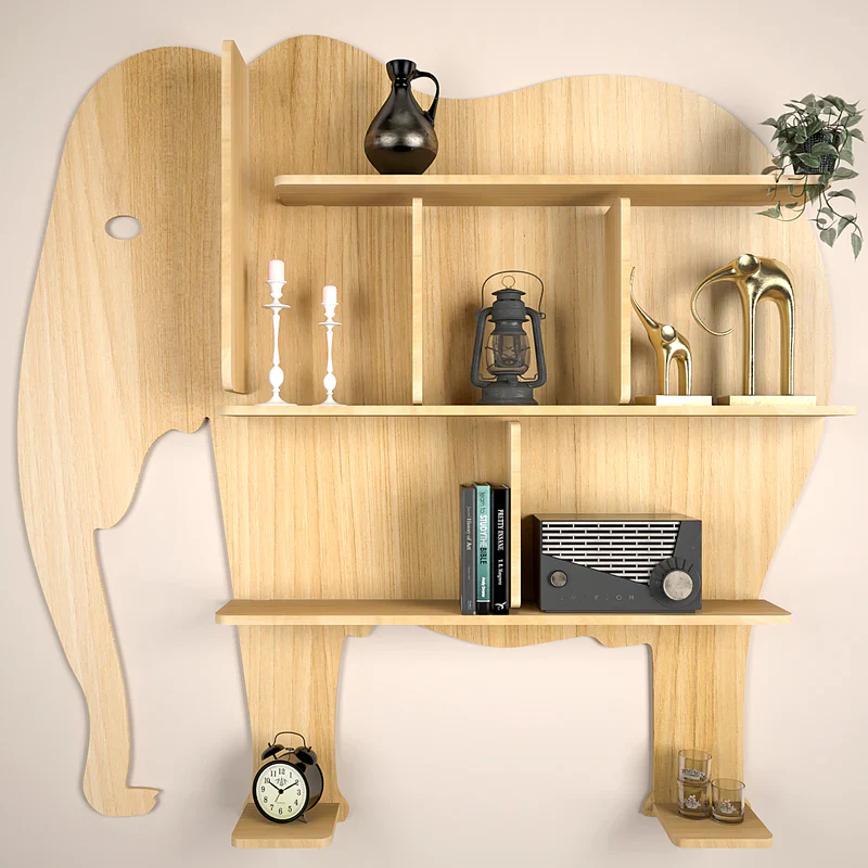 Elephant Shape Designer Wooden Wall Shelf / Book Shelf, with Light oak Finish - Image 3