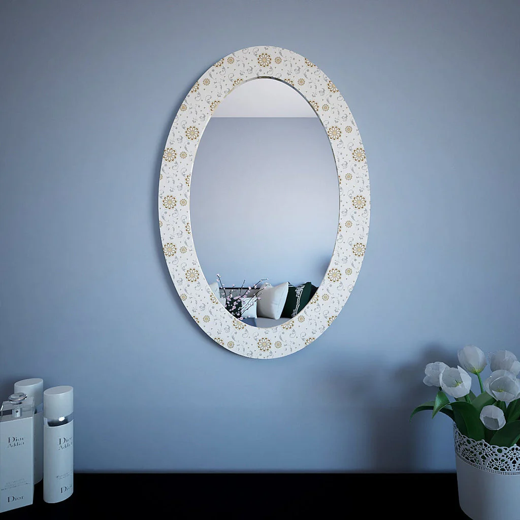 Enchanting White Floral Oval Shaped Acrylic Wall Mirror