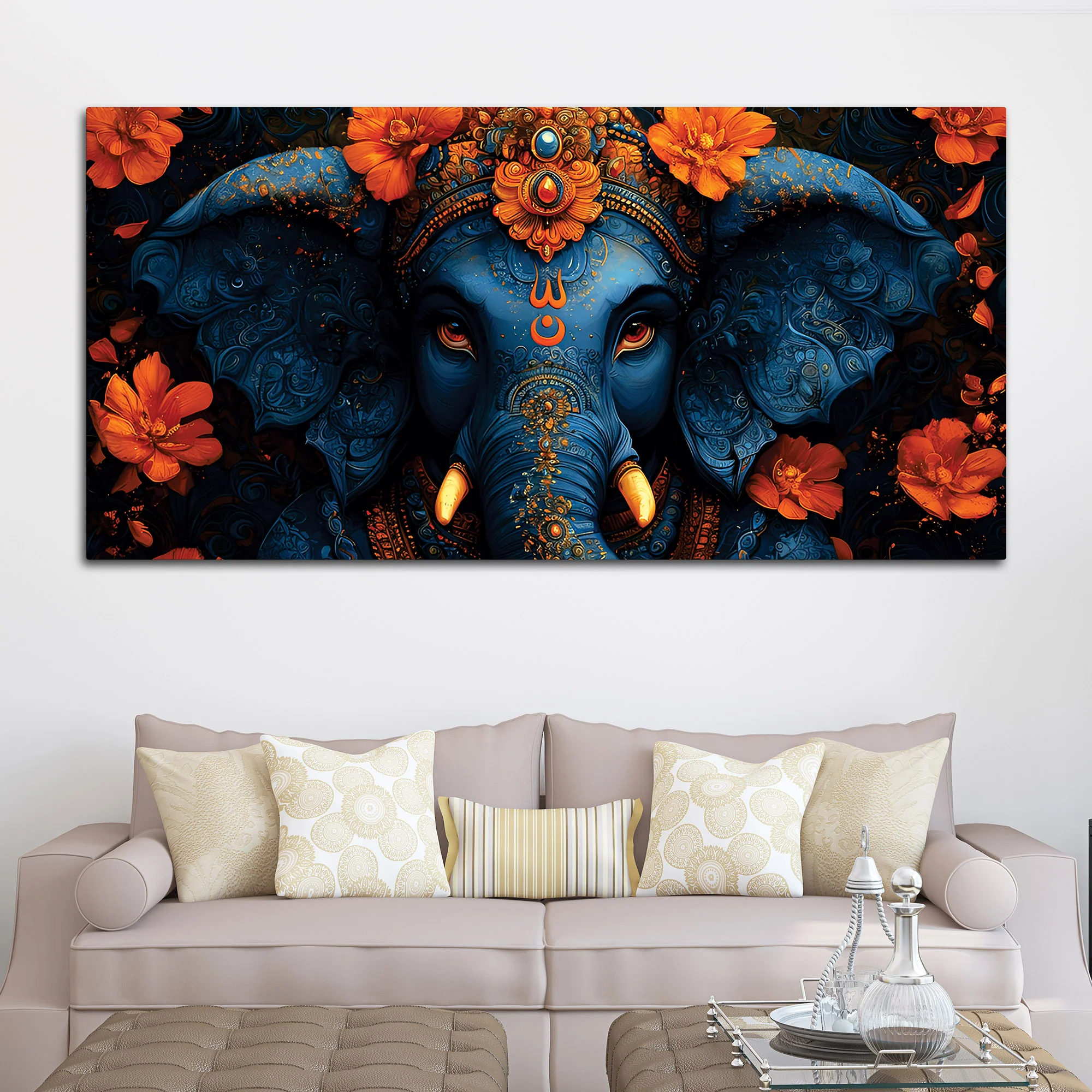 Eternal Indigo Lord Ganpati In Divine Floral Aura Premium Canvas Wall Painting for Home & Office – Modern Spiritual Wall Decor - Image 2