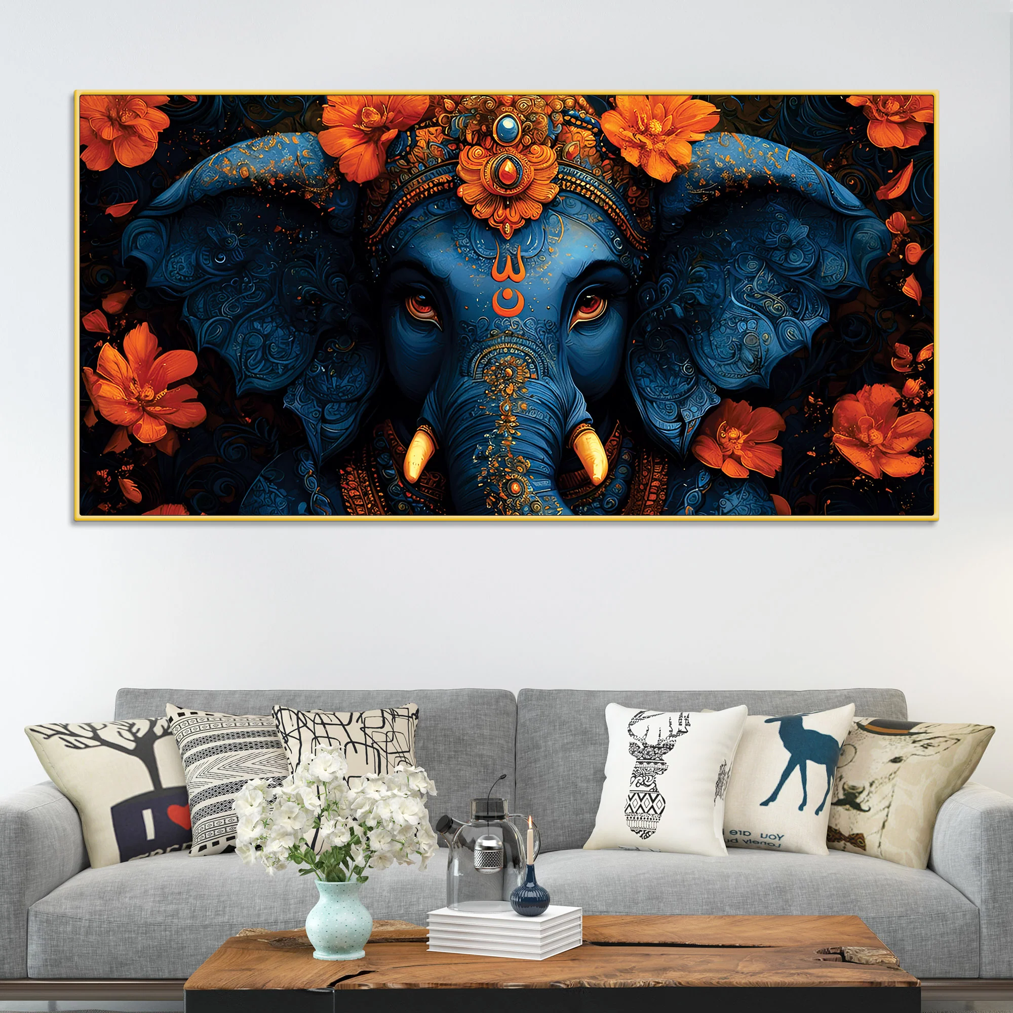 Eternal Indigo Lord Ganpati In Divine Floral Aura Premium Canvas Wall Painting for Home & Office – Modern Spiritual Wall Decor - Image 3