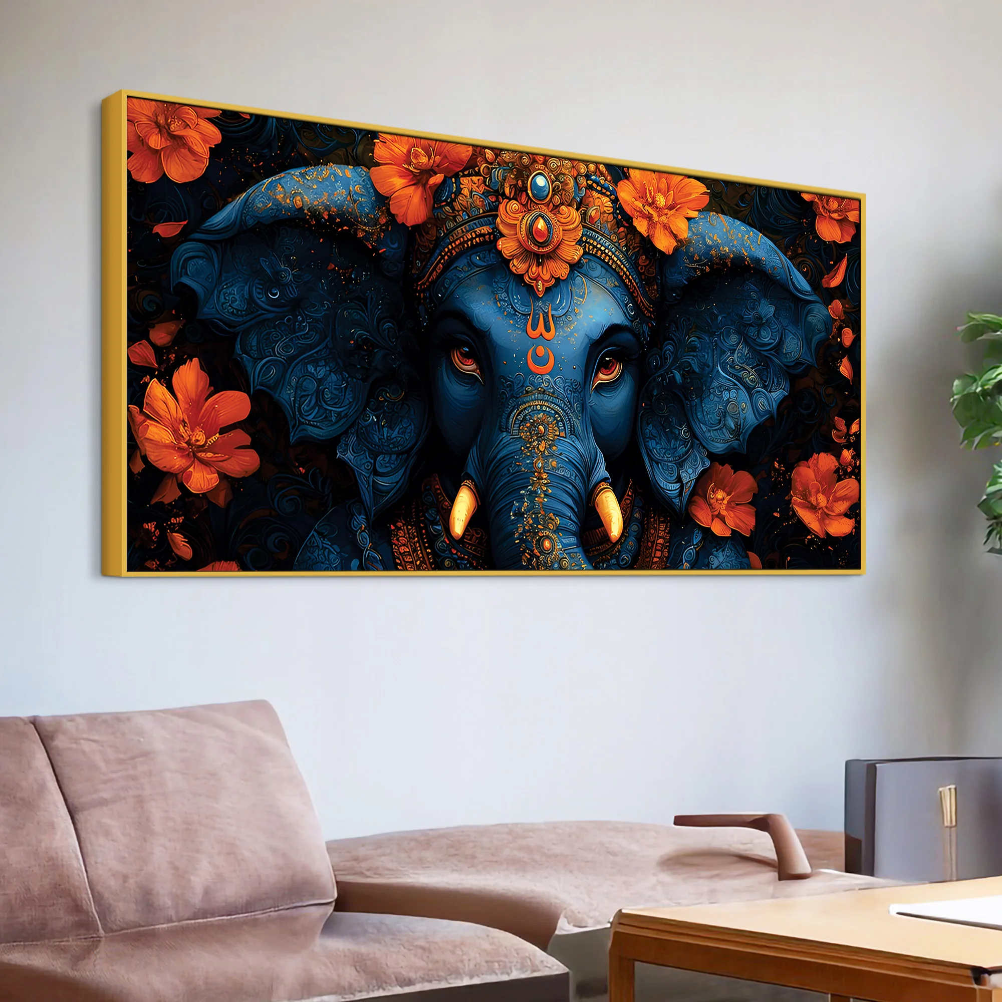 Eternal Indigo Lord Ganpati In Divine Floral Aura Premium Canvas Wall Painting for Home & Office – Modern Spiritual Wall Decor - Image 5