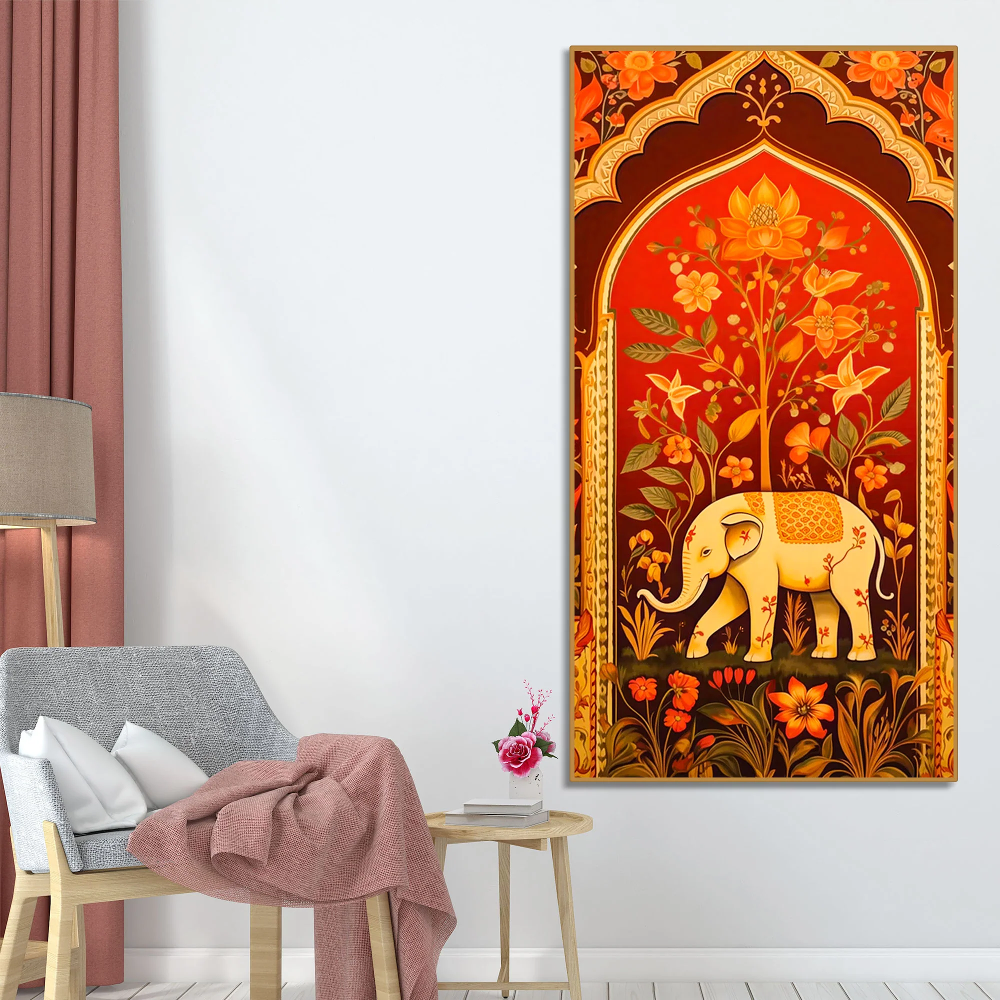 Ethnic Elephant Canvas Painting | Floral Indian Wall Art for Home Decor