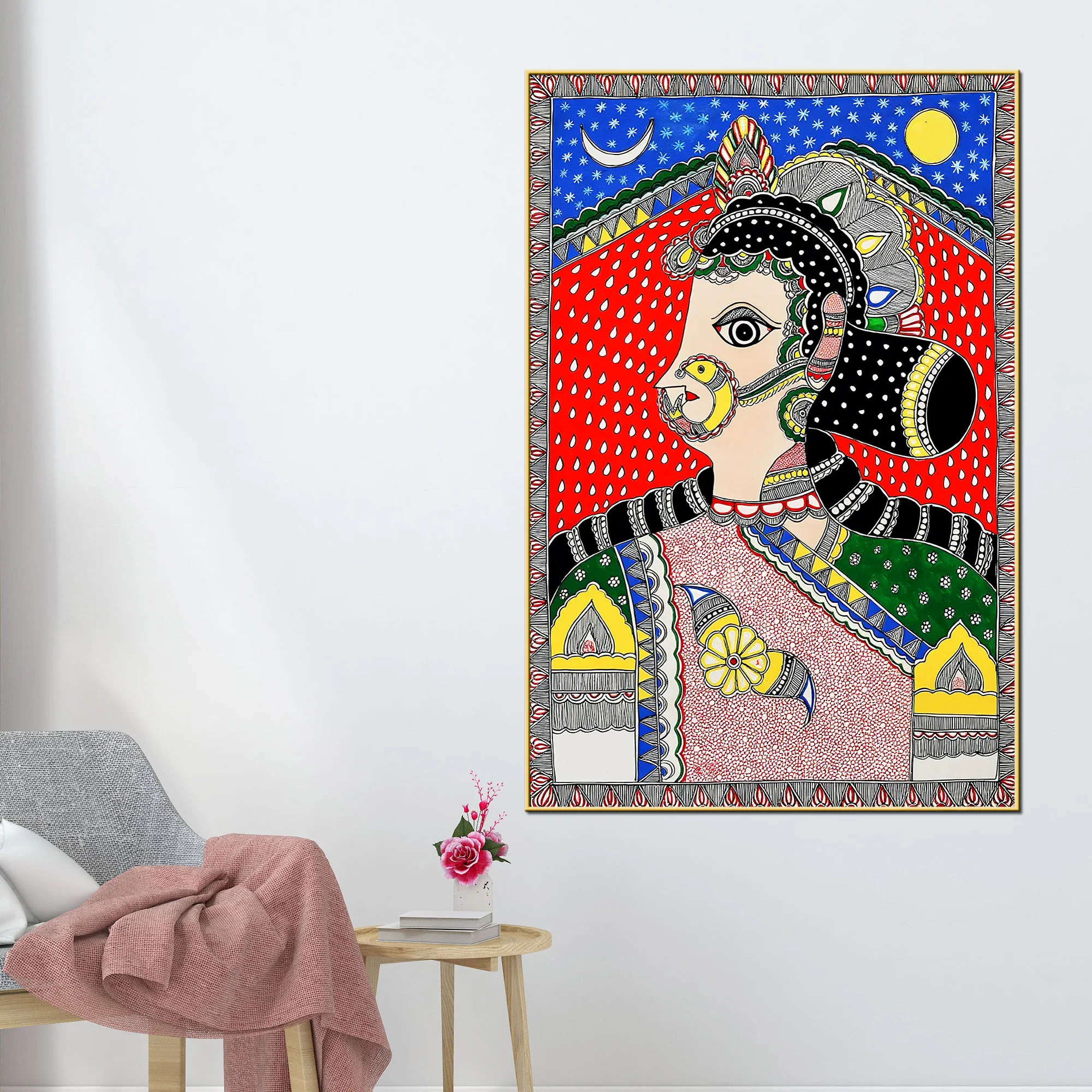 Ethnic Indian Lady Madhubani Canvas Painting - Image 2