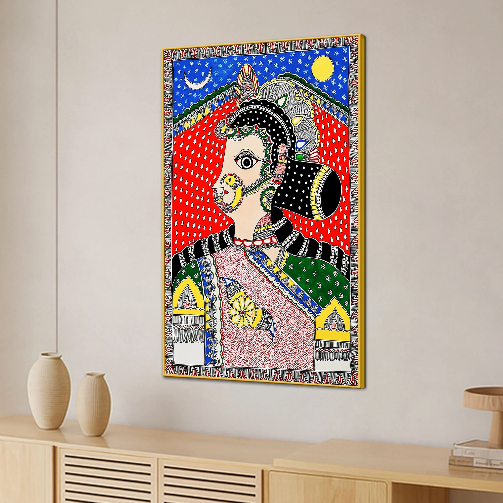 Ethnic Indian Lady Madhubani Canvas Painting - Image 3