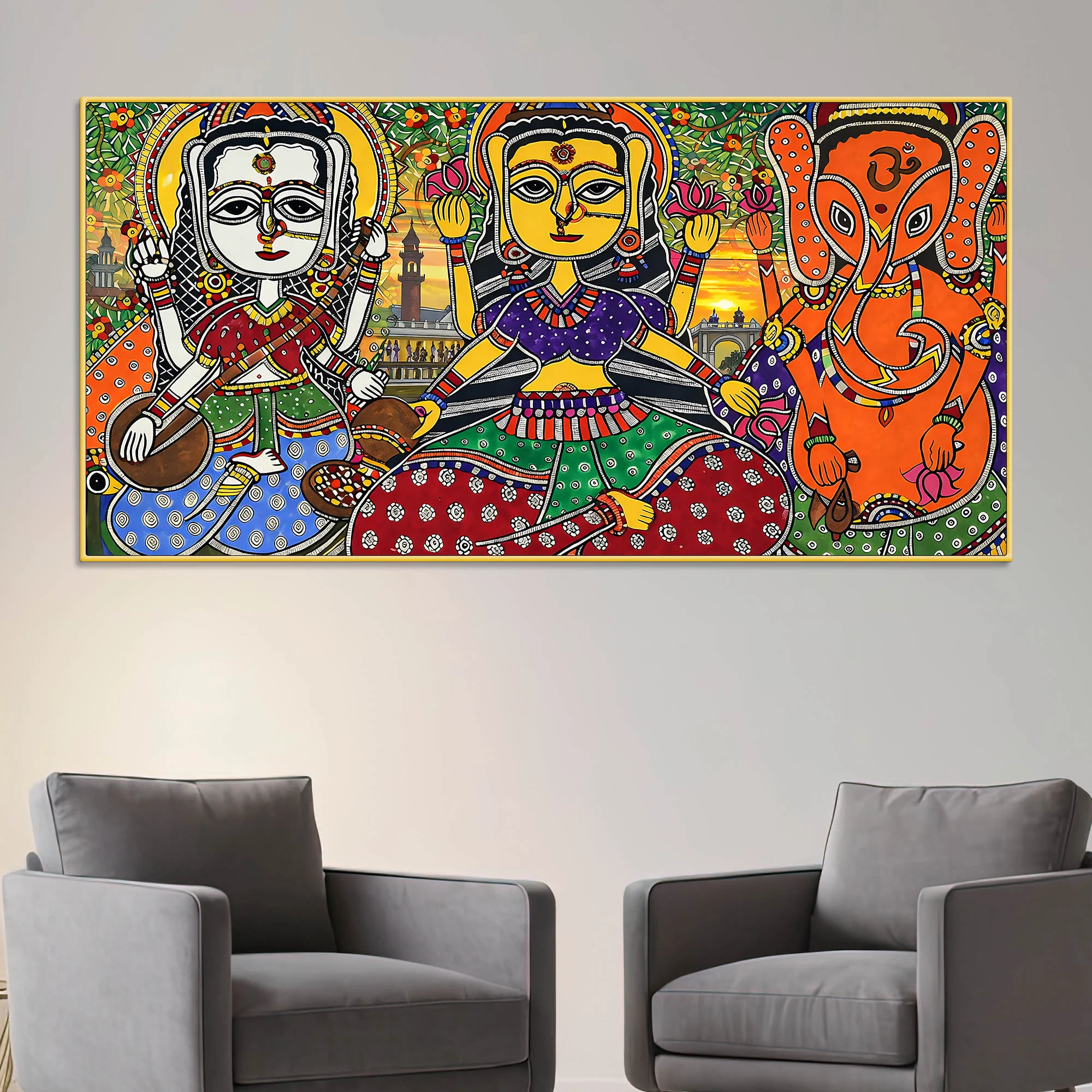 Ethnic Madhubani Lakshmi Saraswati Ganesh Canvas Wall Painting - Image 2