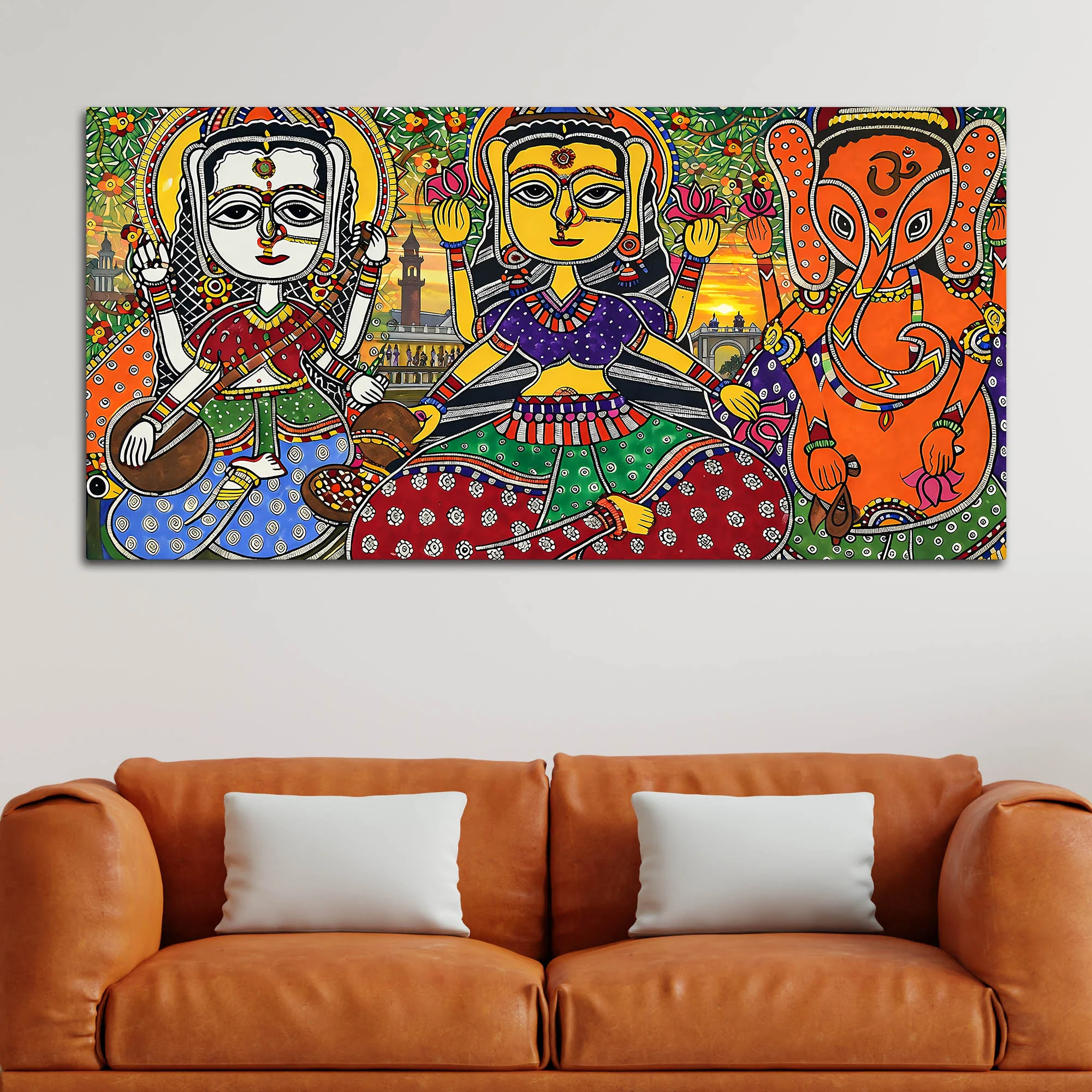 Ethnic Madhubani Lakshmi Saraswati Ganesh Canvas Wall Painting - Image 3