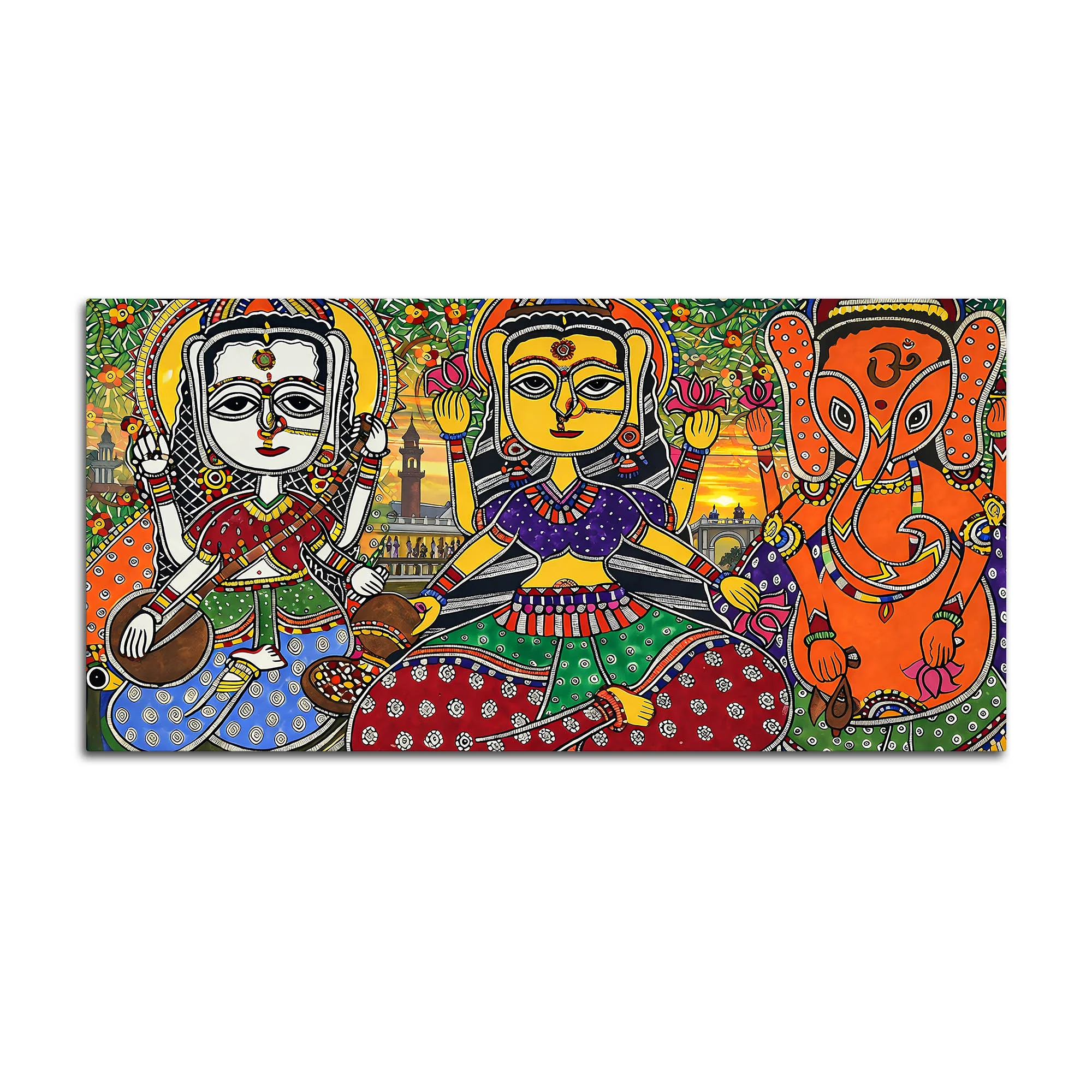 Ethnic Madhubani Lakshmi Saraswati Ganesh Canvas Wall Painting - Image 4
