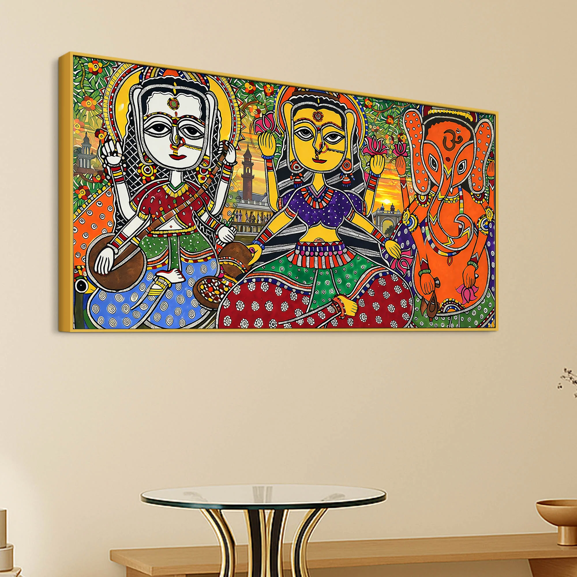 Ethnic Madhubani Lakshmi Saraswati Ganesh Canvas Wall Painting - Image 5