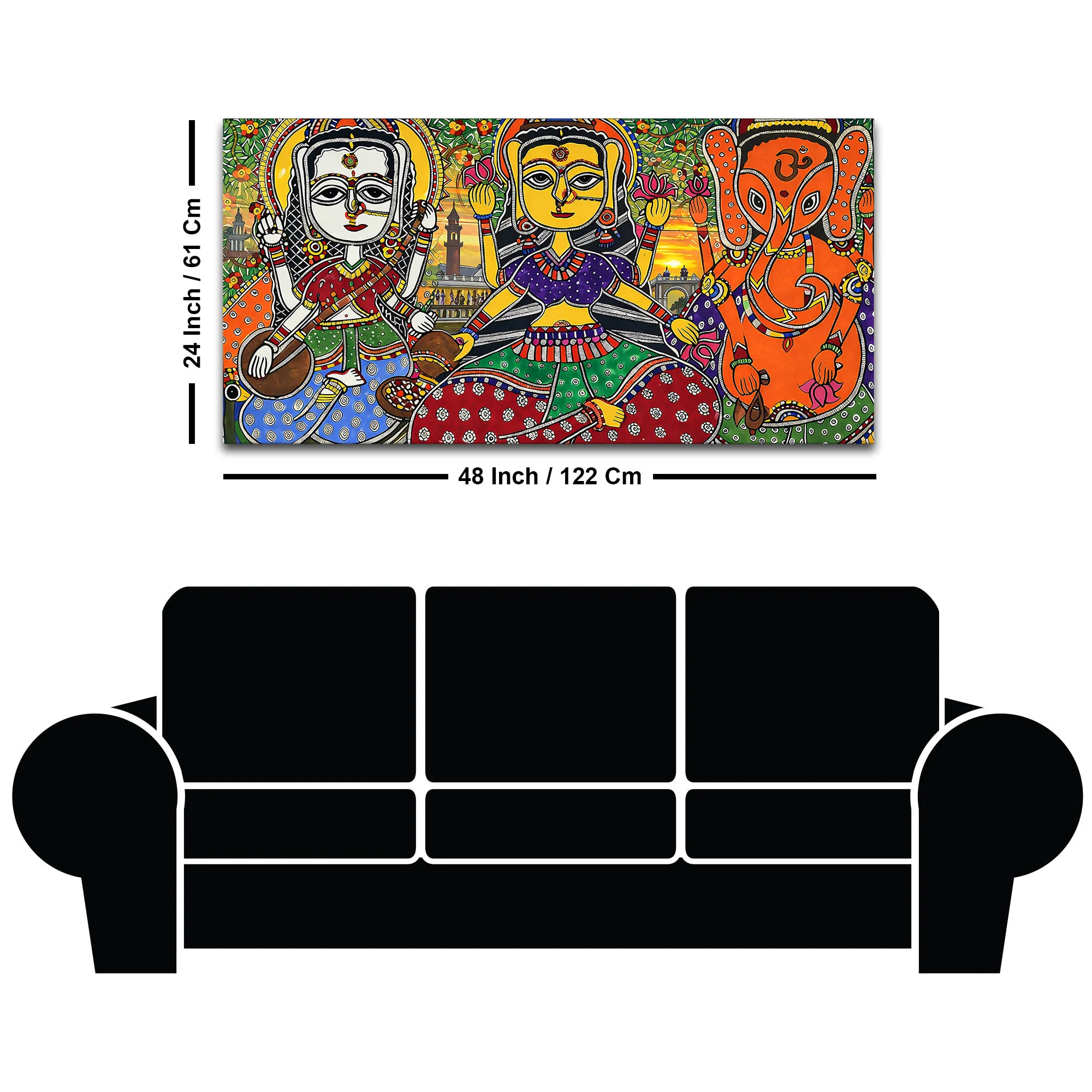 Ethnic Madhubani Lakshmi Saraswati Ganesh Canvas Wall Painting - Image 8