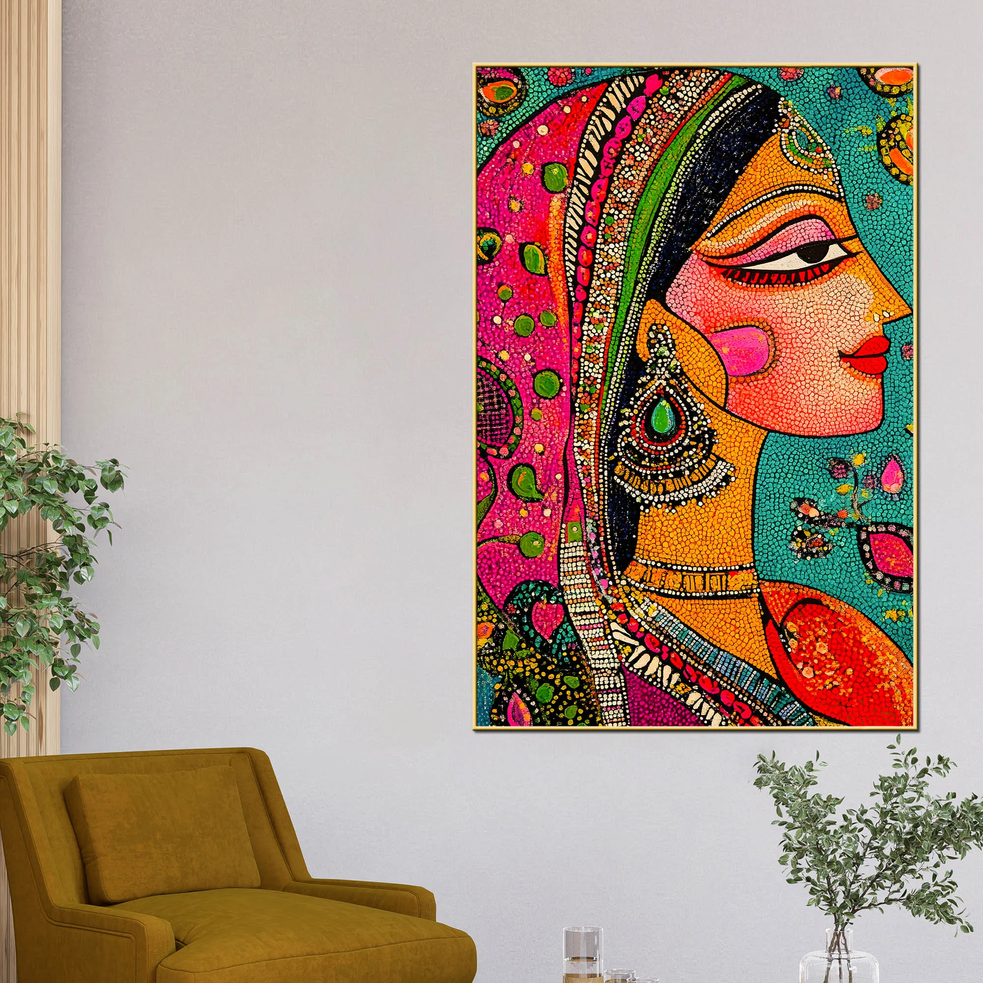 Ethnic Mosaic Style Indian Lady Canvas Wall Painting