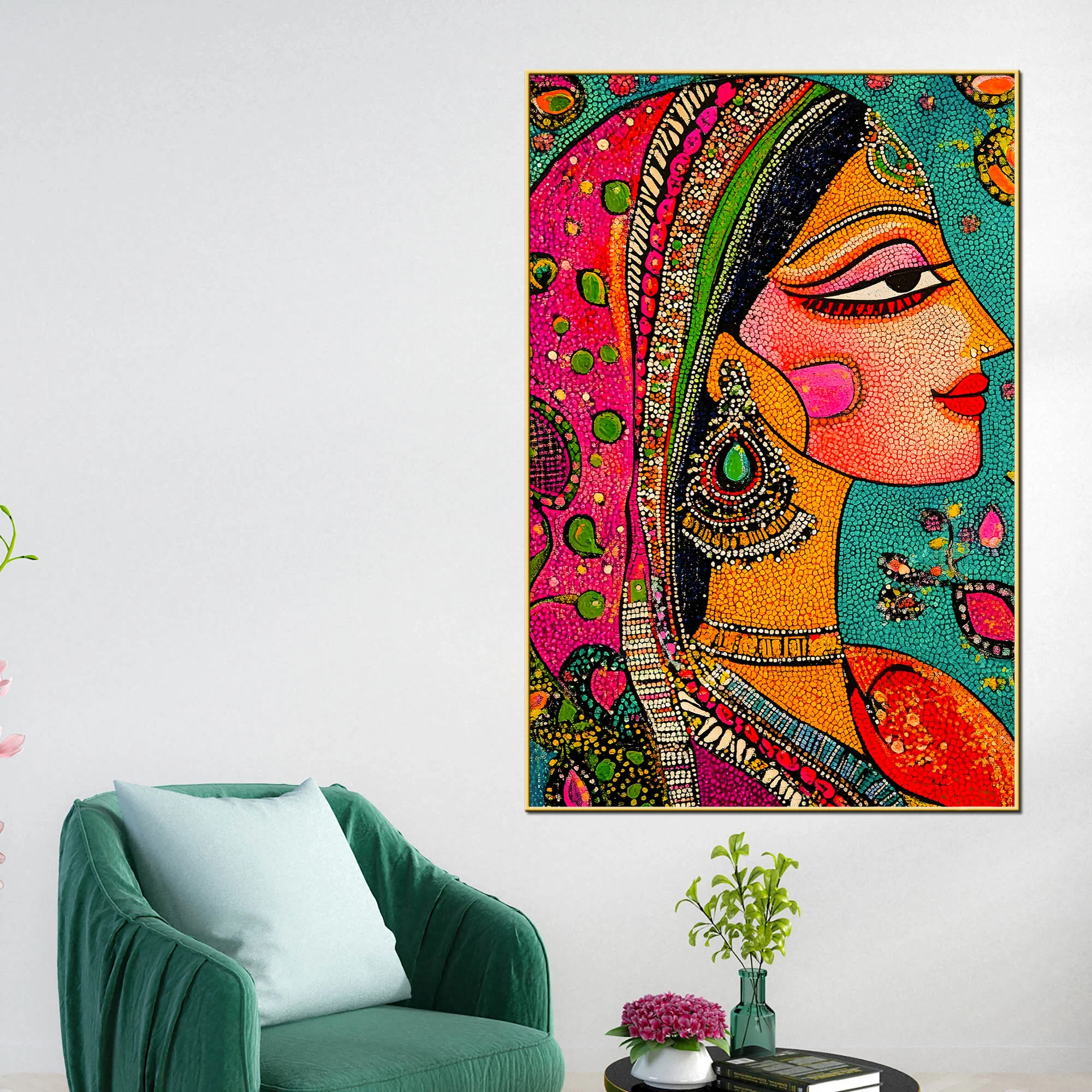 Ethnic Mosaic Style Indian Lady Canvas Wall Painting - Image 2