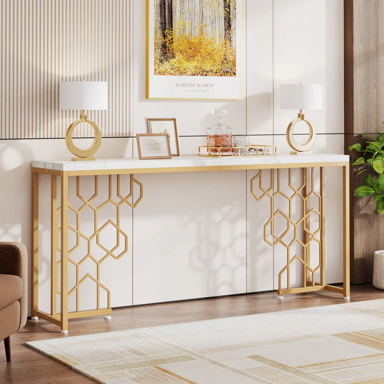 Exquisite Geometric White Faux Marble Robust And Enduring Frame Console Table - Image 6