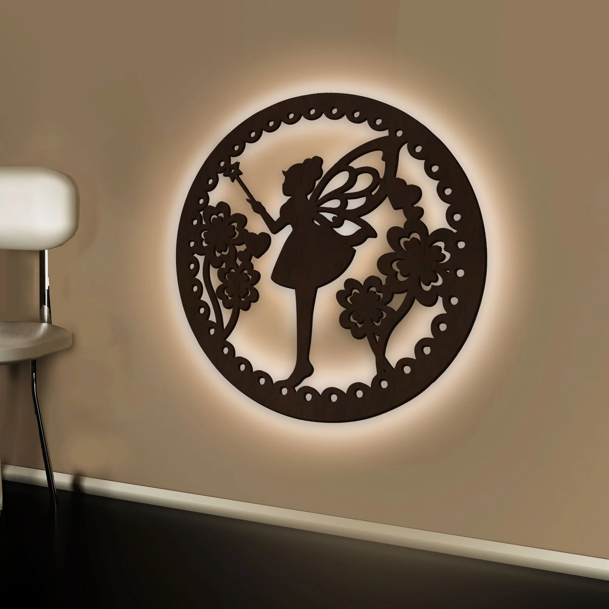 Fairy Butterfly Angel Backlit Wooden Wall Hanging with LED Night Light Walnut Finish - Image 2