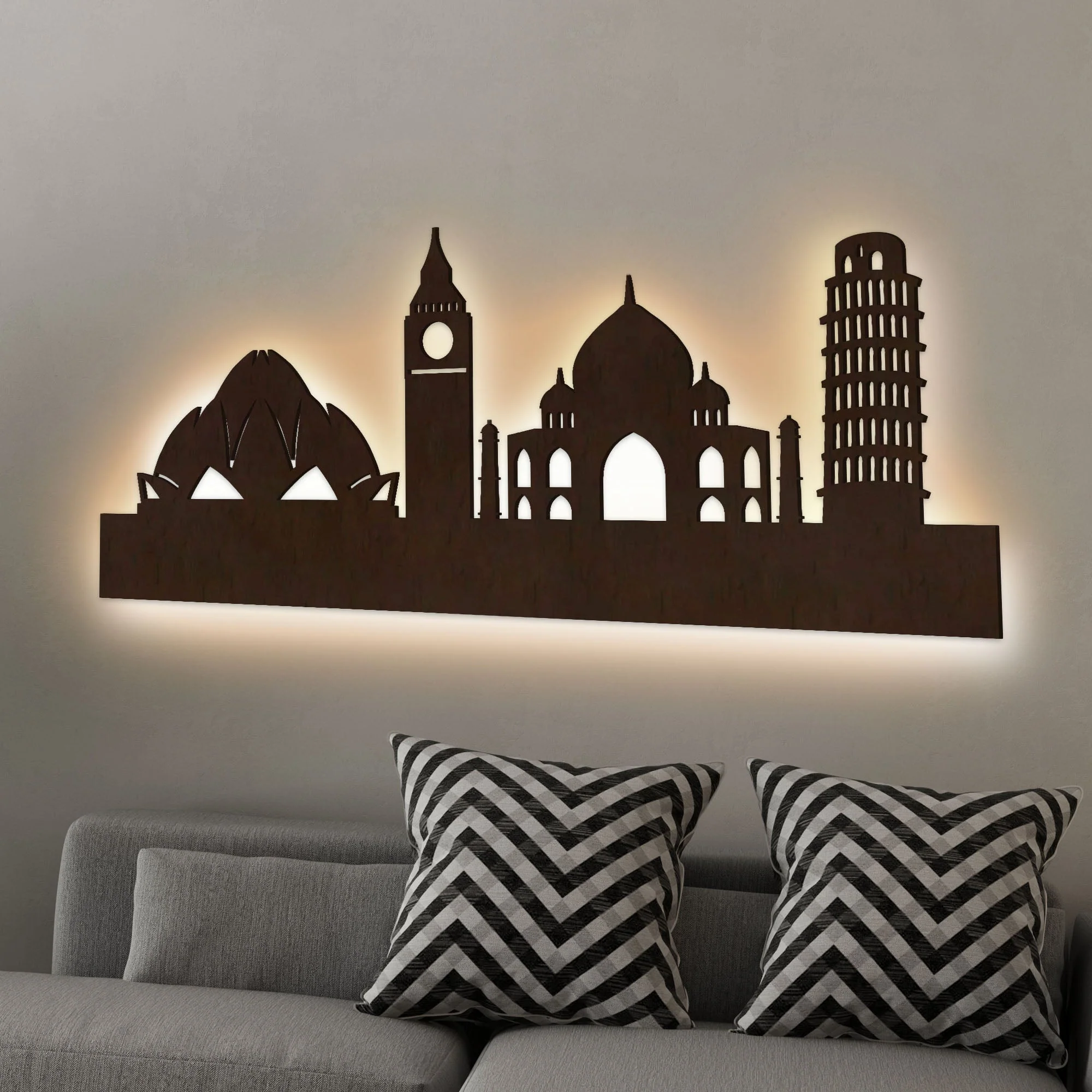Famous Architectures Backlit Design Wooden Wall Hanging with LED Night Light Walnut Finish - Image 2