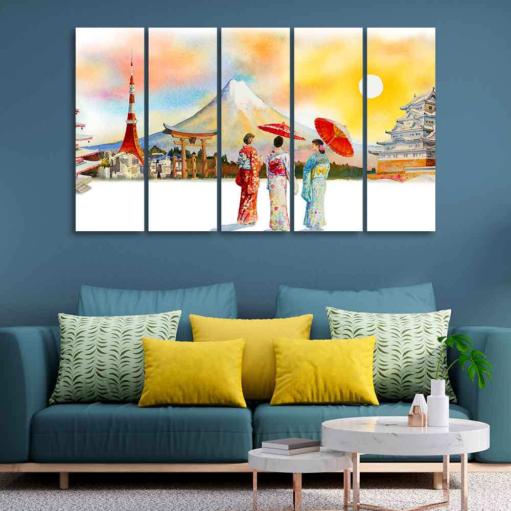 Famous Places of Japan Canvas Wall Painting of Five Pieces - Image 2