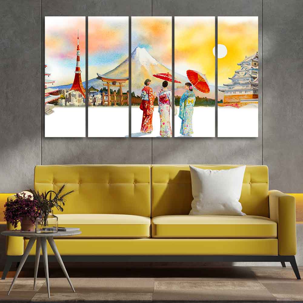 Famous Places of Japan Canvas Wall Painting of Five Pieces - Image 3