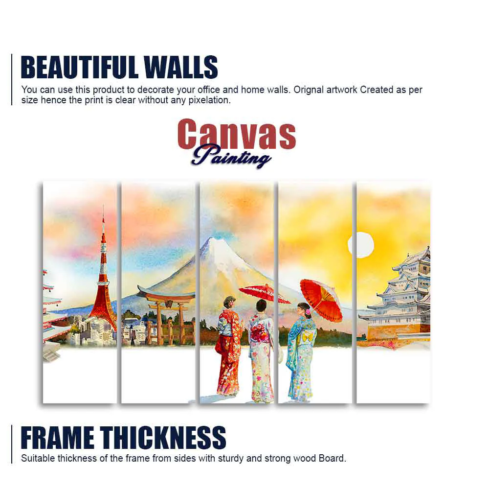 Famous Places of Japan Canvas Wall Painting of Five Pieces - Image 5