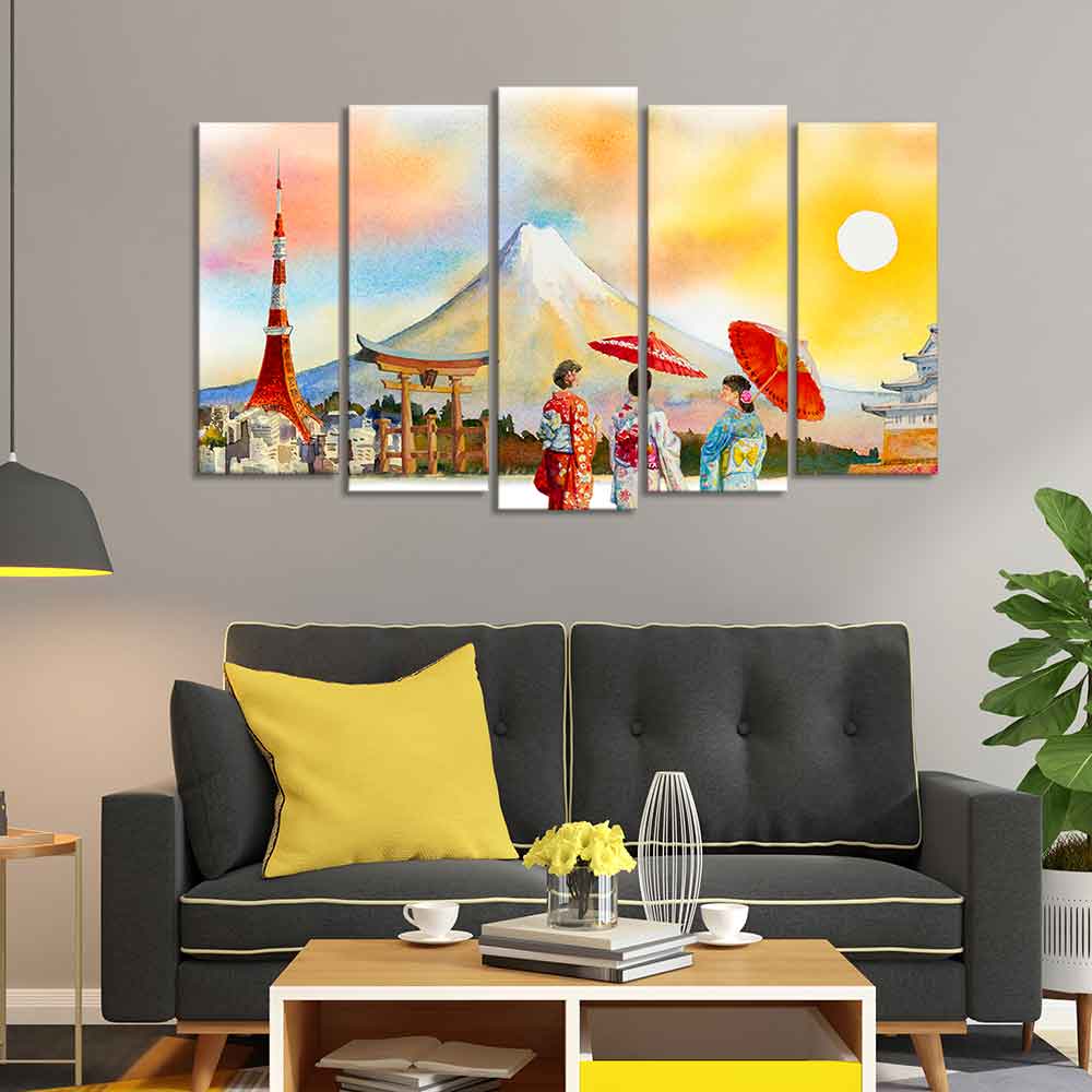 Famous Places of Japan Canvas Wall Painting Set of Five - Image 2