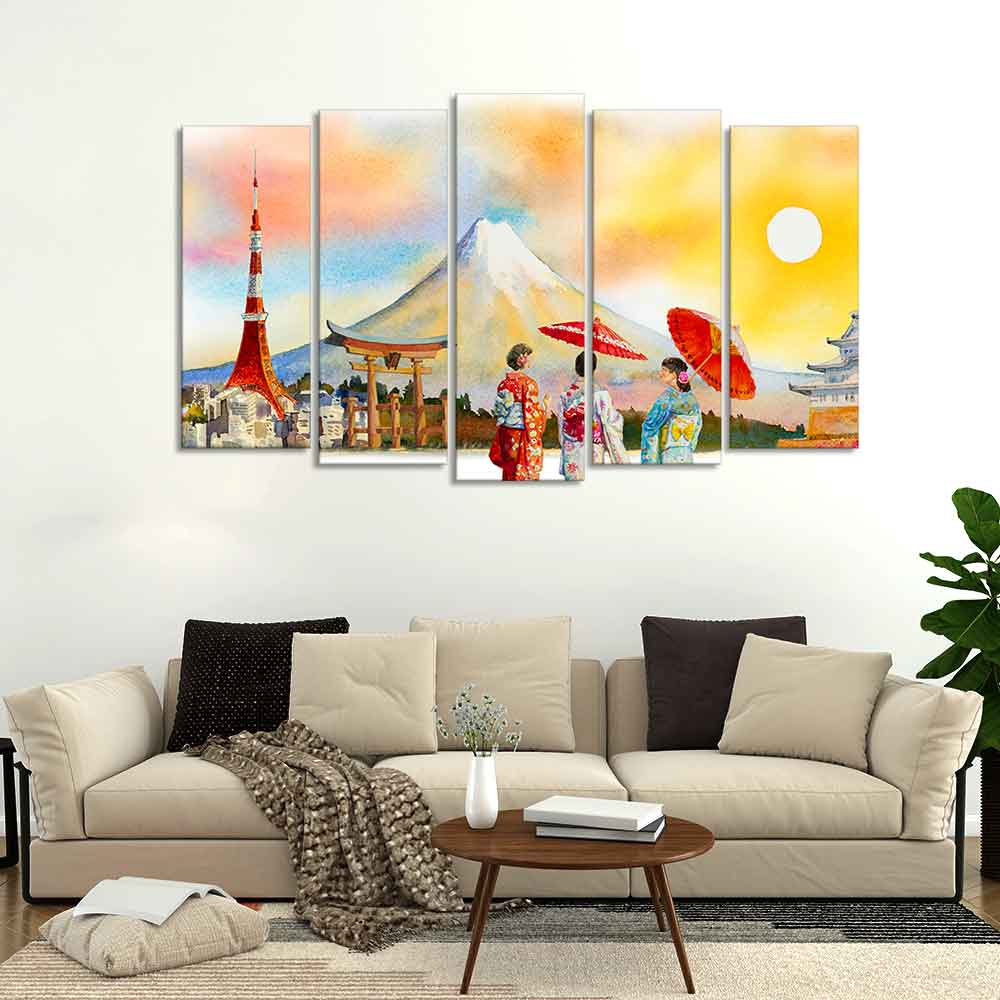 Famous Places of Japan Canvas Wall Painting Set of Five - Image 3