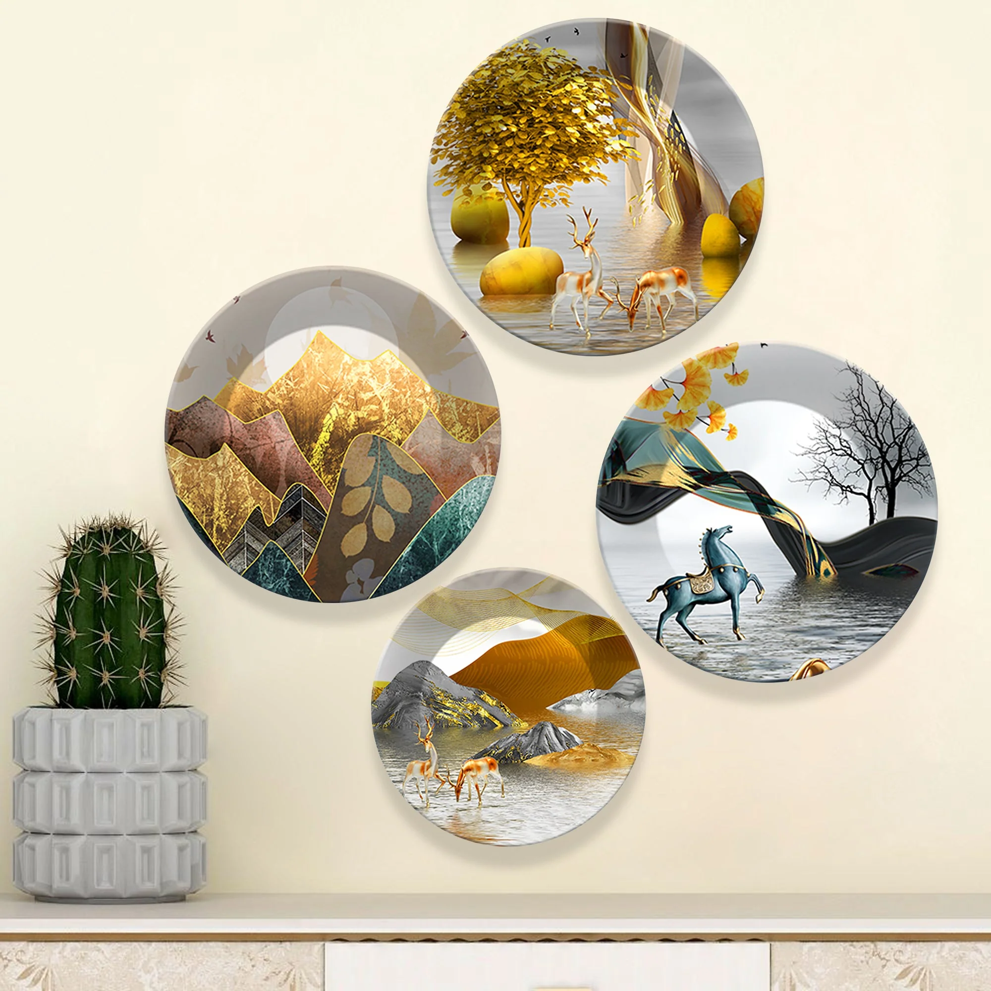 Fantasy Land Ceramic Wall Plates Painting Set of Four - Image 4
