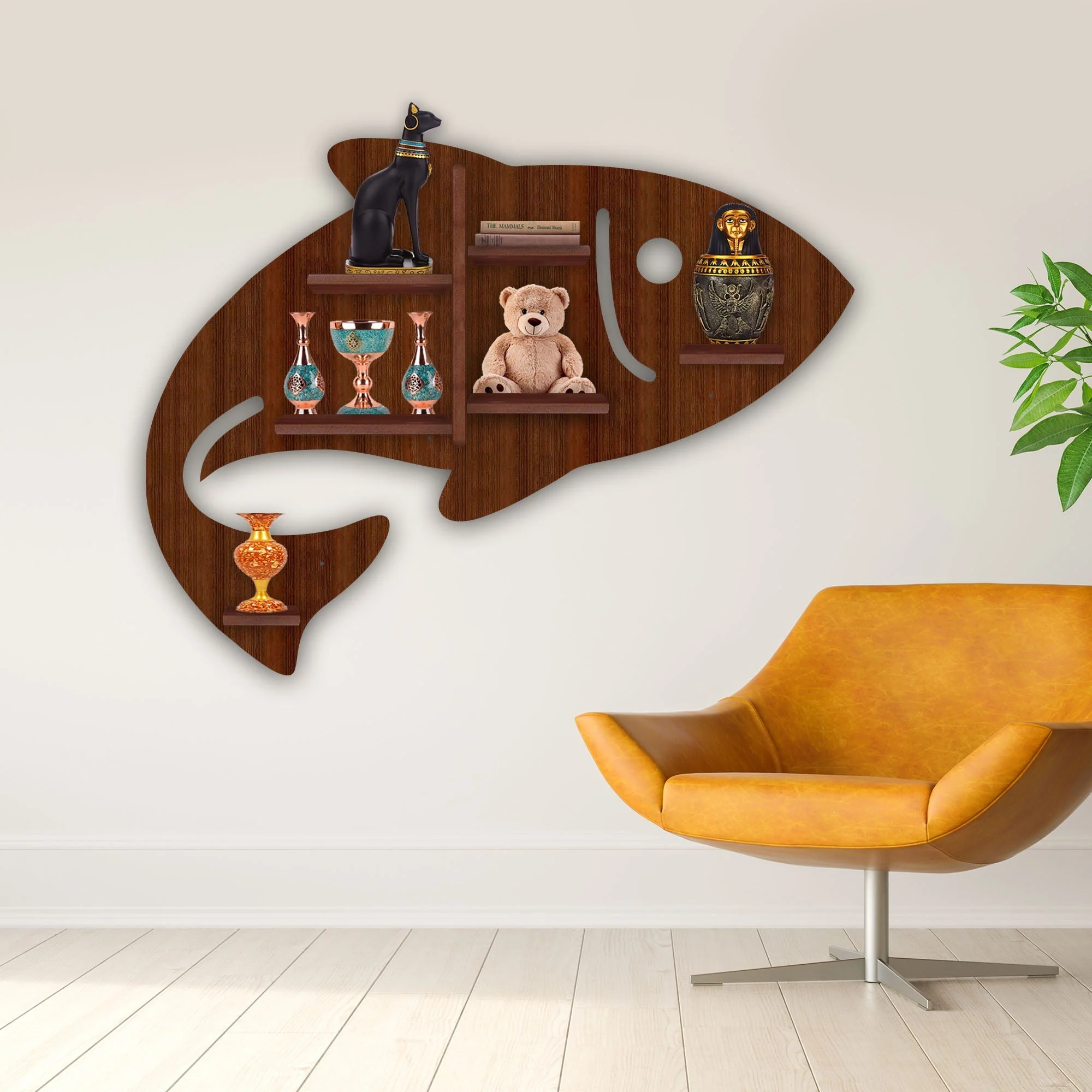 Fish Shape Wooden Wall Shelf LED Light Wall Shelf with Walnut Finish - Image 3