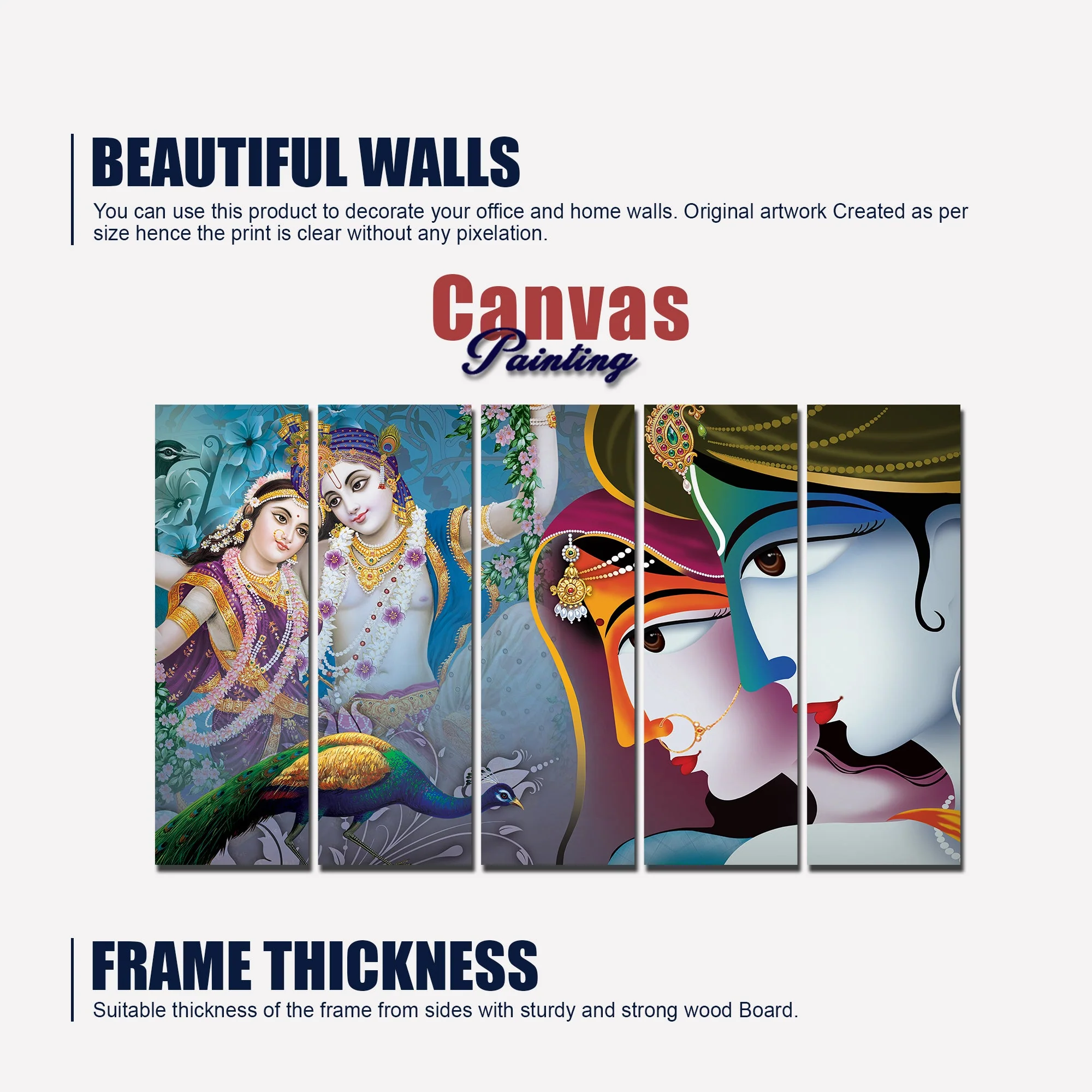 5 Pieces Canvas Lord Radha Krishna Wall Painting - Image 5