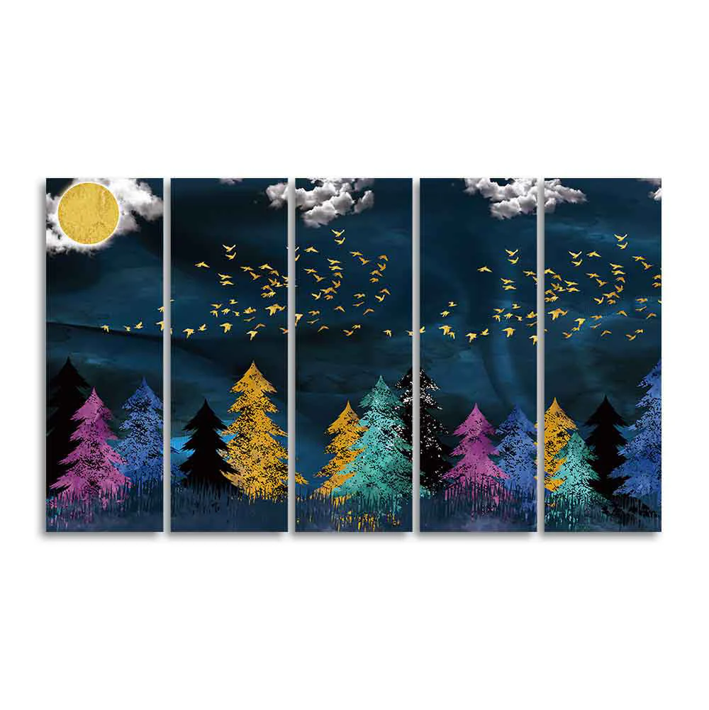 Five Pieces Wall Painting of Golden Birds Flying over The Dark Forest - Image 4