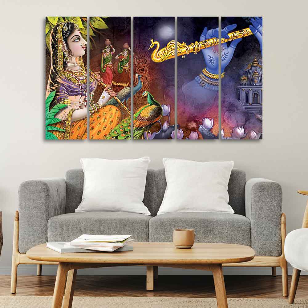 Five Pieces Wall Painting of Lord Radha Krishna Warli Art - Image 2