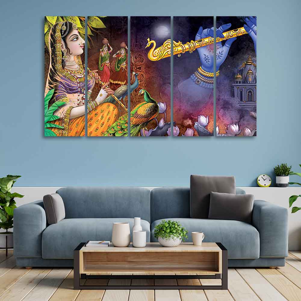 Five Pieces Wall Painting of Lord Radha Krishna Warli Art - Image 3
