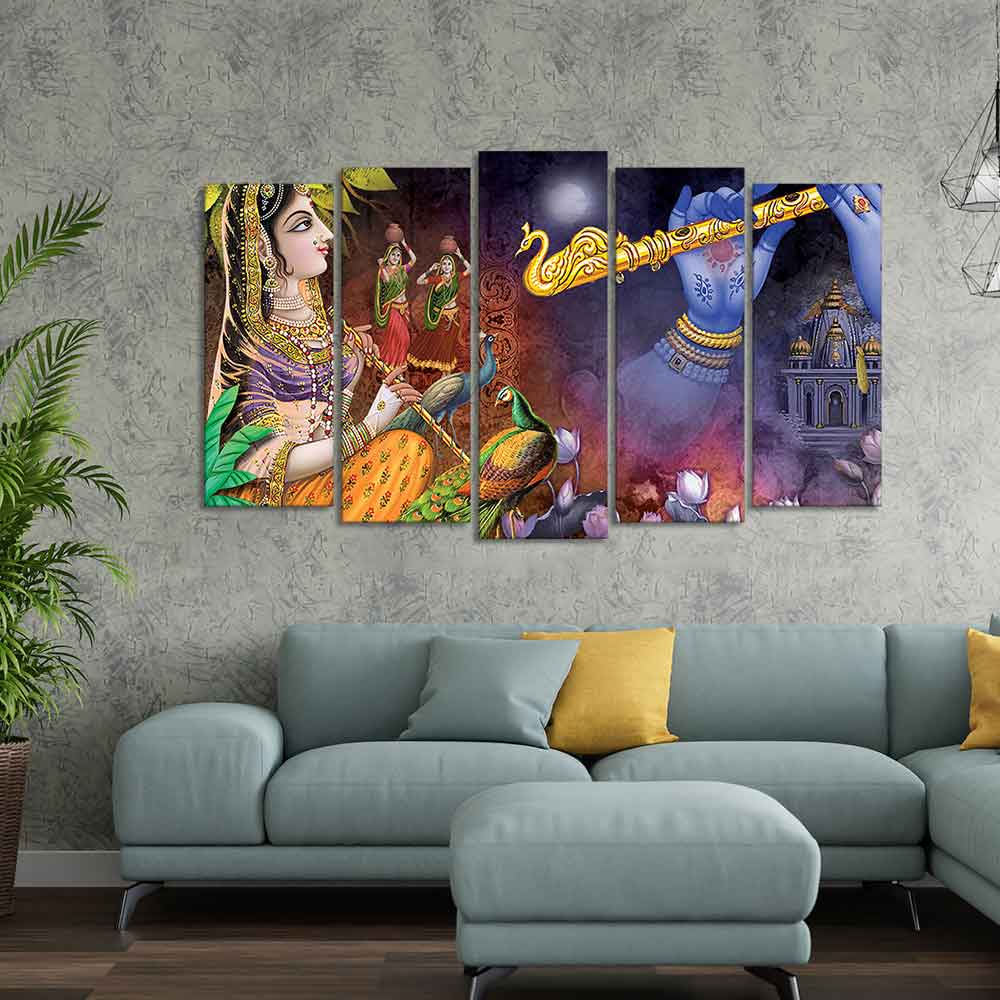 Five Pieces Wall Painting Set of Lord Radha Krishna Warli Art - Image 2