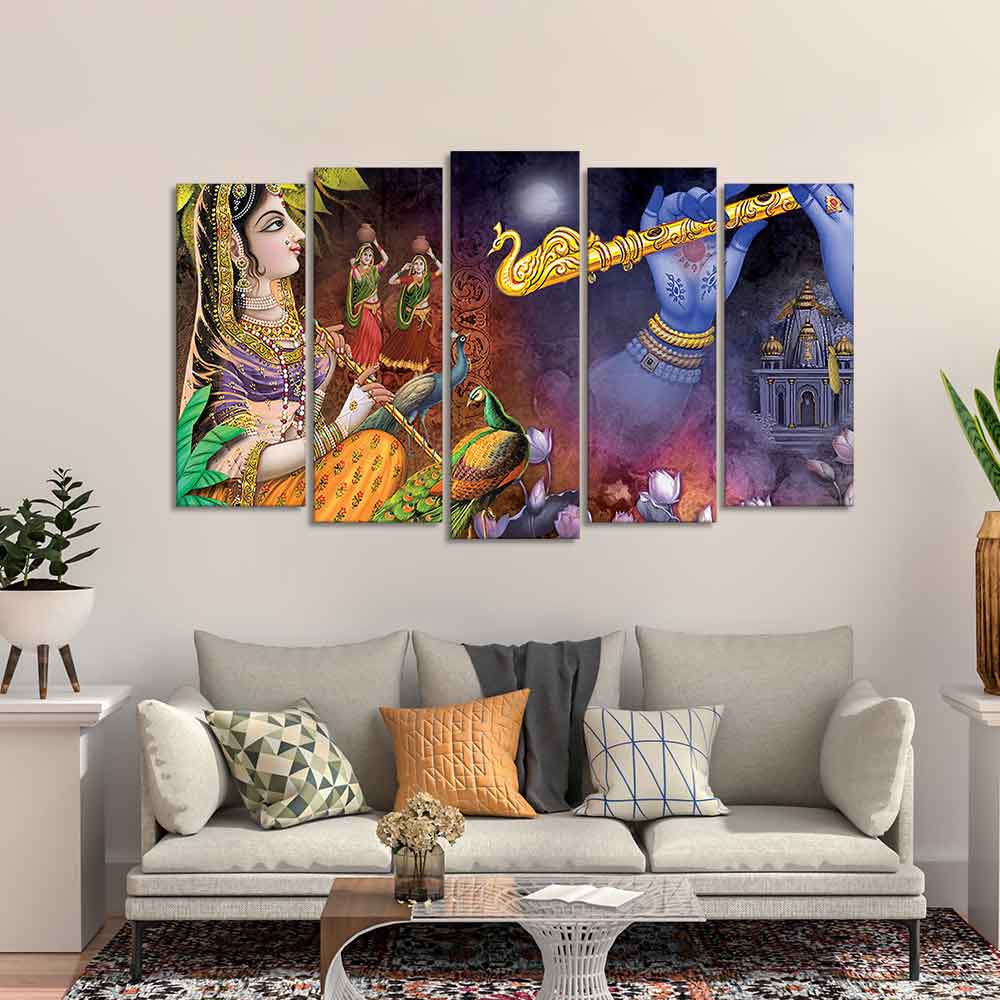 Five Pieces Wall Painting Set of Lord Radha Krishna Warli Art - Image 3