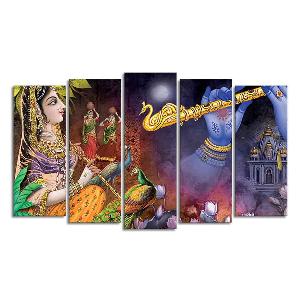 Five Pieces Wall Painting Set of Lord Radha Krishna Warli Art - Image 4
