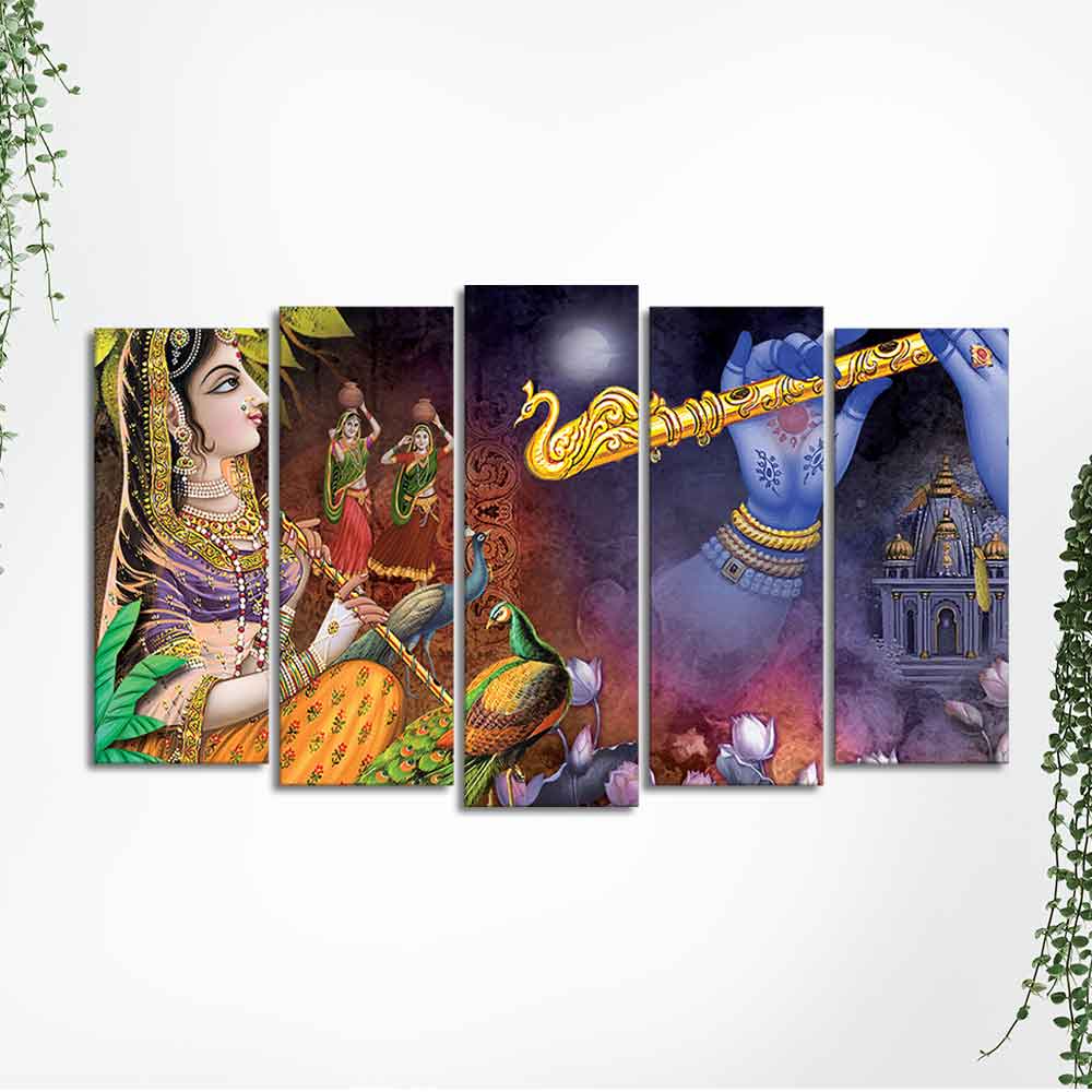 Five Pieces Wall Painting Set of Lord Radha Krishna Warli Art - Image 5